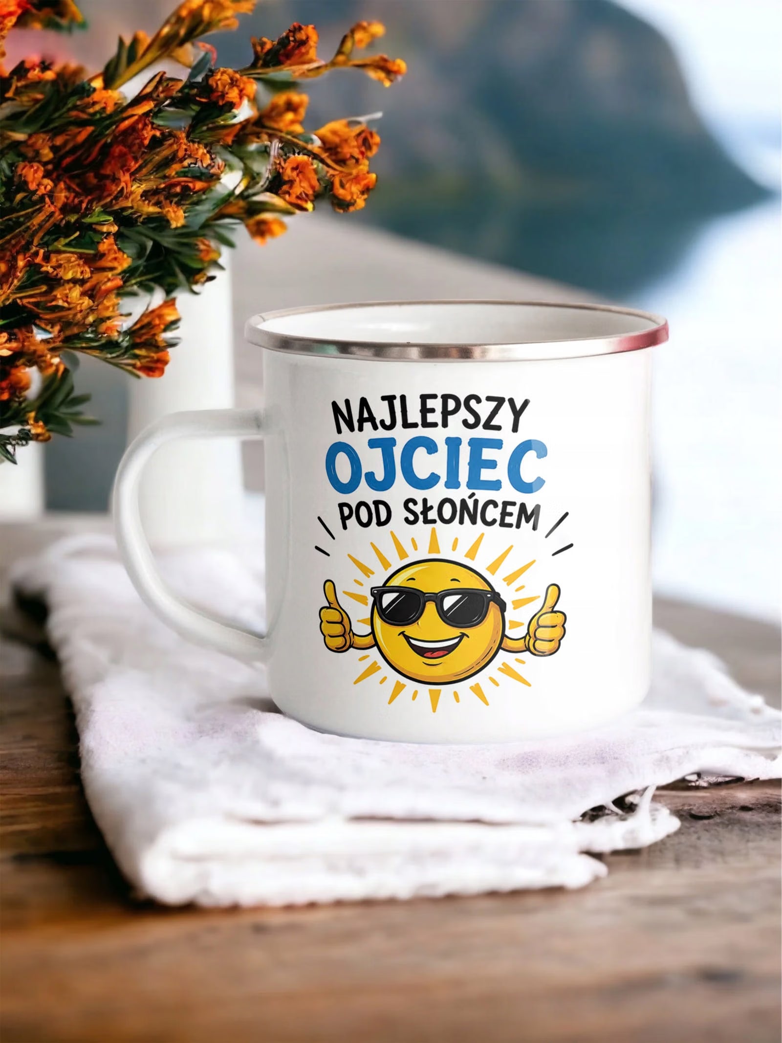 Kubek Emaliowany Dzień Ojca dla taty prezent z Nadrukiem Biały Metalowy