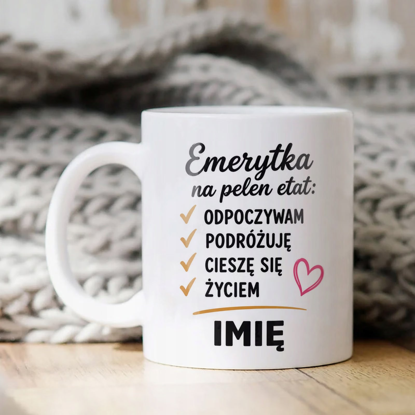 Biały Kubek Personalizowany z Nadrukiem Emerytura Dla Emerytki Prezent