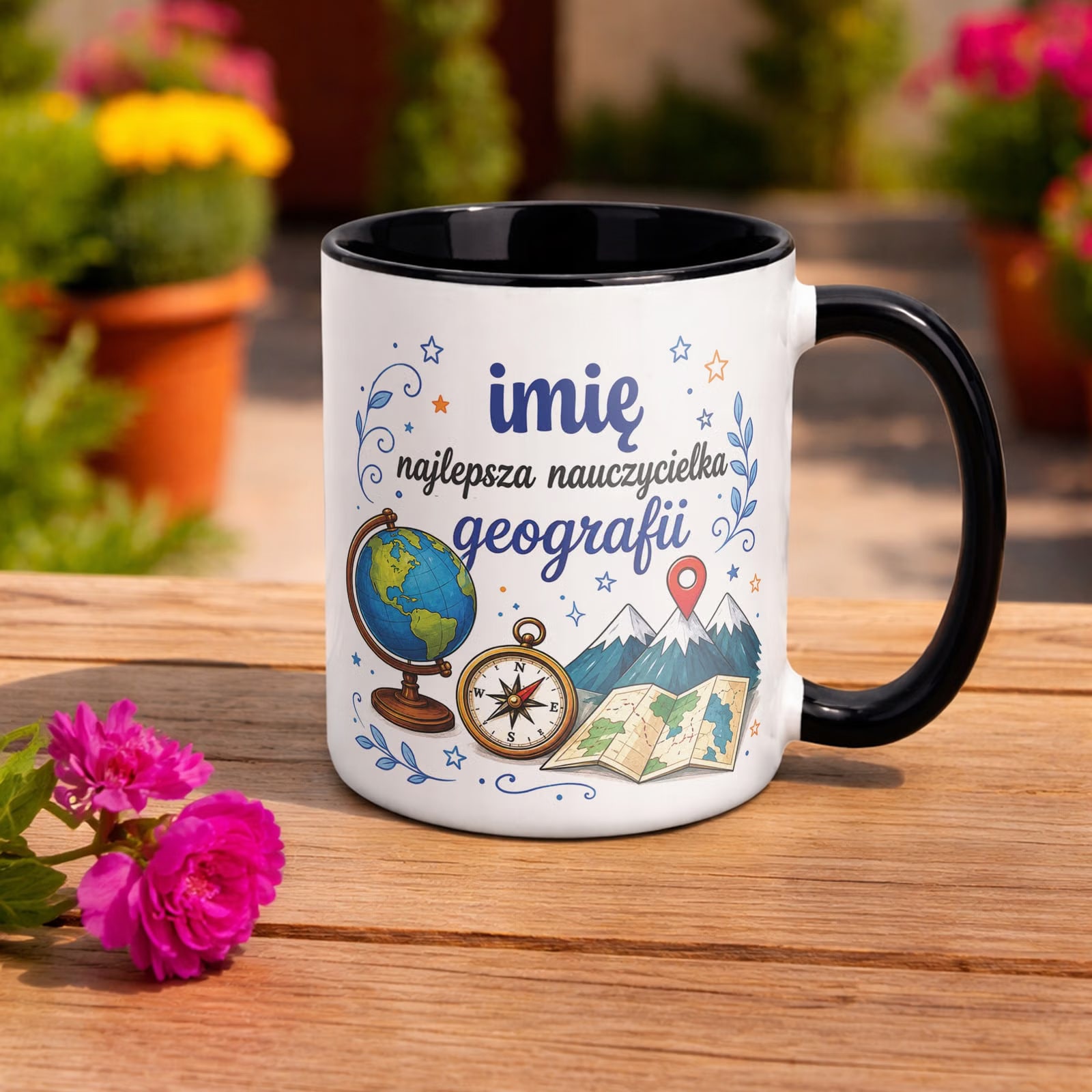Kubek Czarny z Imieniem Dzień Nauczyciela Geografia Prezent