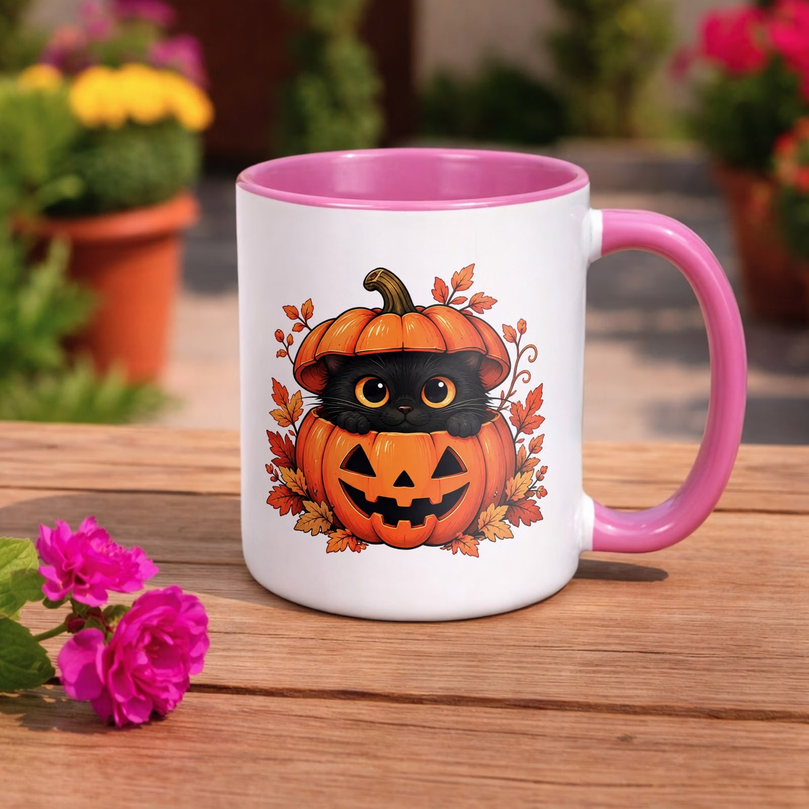 Kubek Różowy z Nadrukiem Halloween Jesień Kot Dynia Prezent Upominek