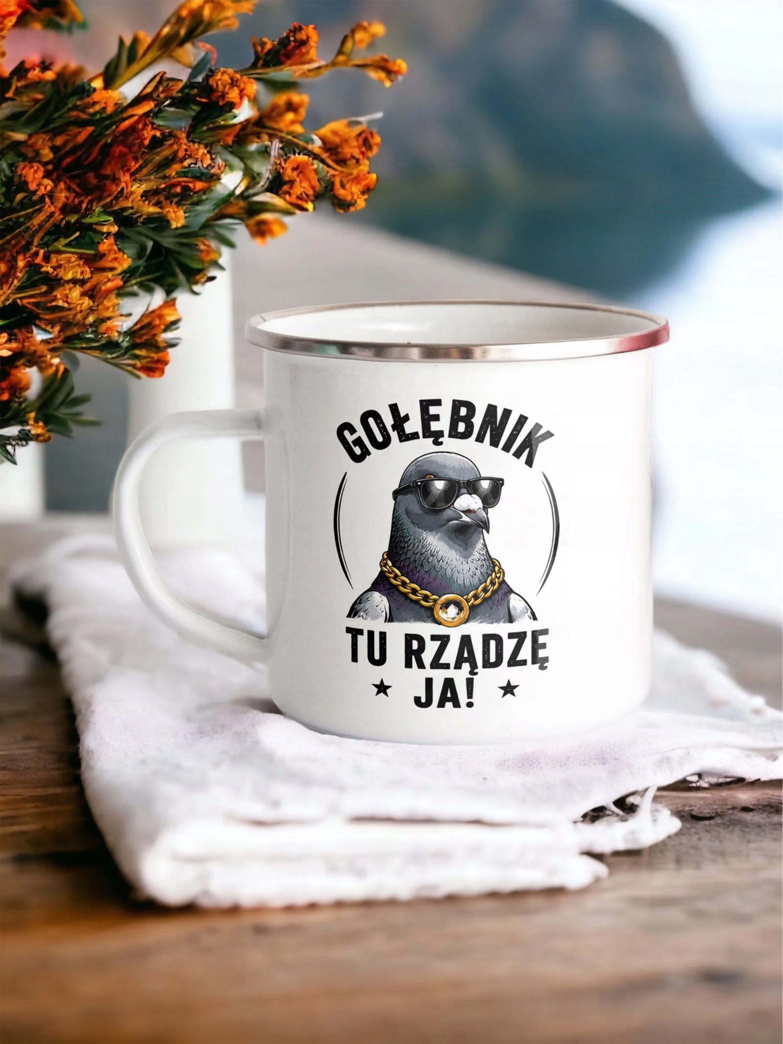 Kubek Emaliowany Dla Hodowcy Gołębi z Nadrukiem Biały Metalowy Prezent