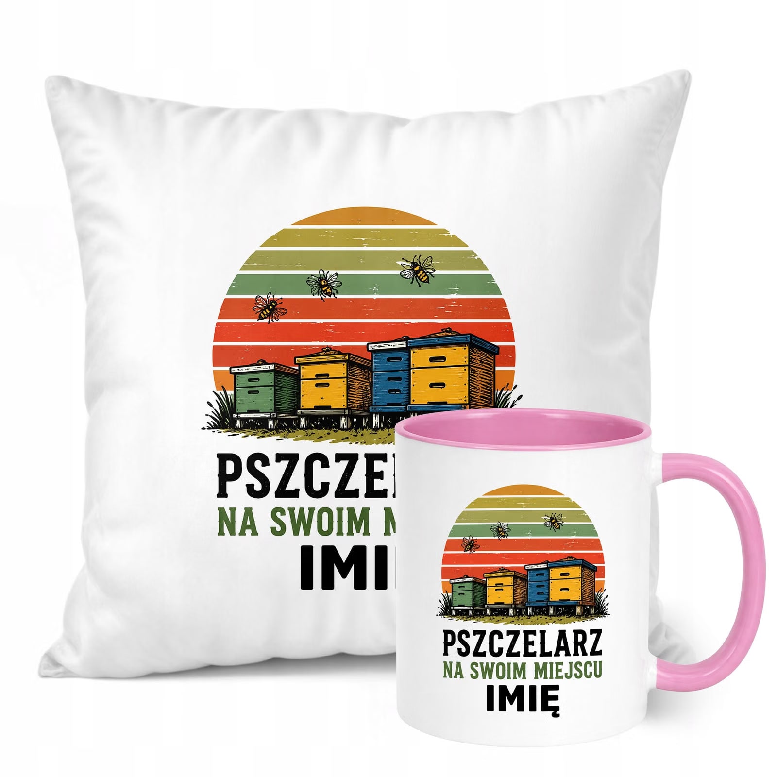 Zestaw Personalizowany Kubek Różowy Poduszka Z Nadrukiem Dla Pszczelarza