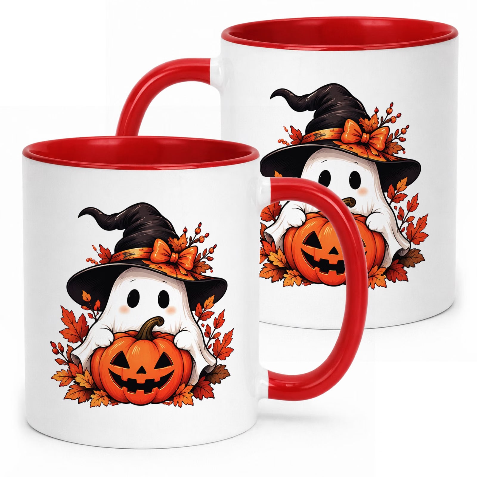 Kubek Czerwony z Nadrukiem Halloween Jesień Duch Dynia Prezent Upominek