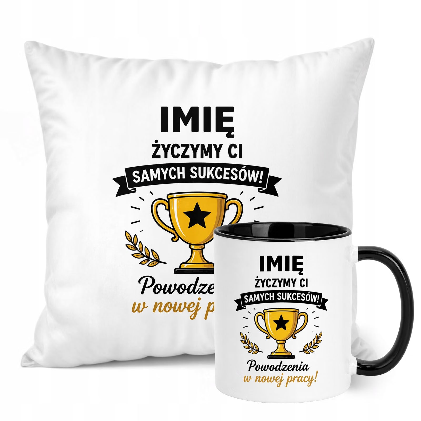 Zestaw Personalizowany Kubek Czarny Poduszka Odejście z Pracy Prezent