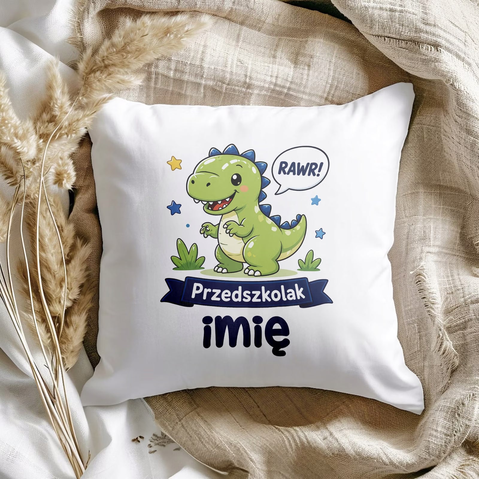 Zestaw Personalizowany Kubek Różowy Poduszka Przedszkolak Dinozaur
