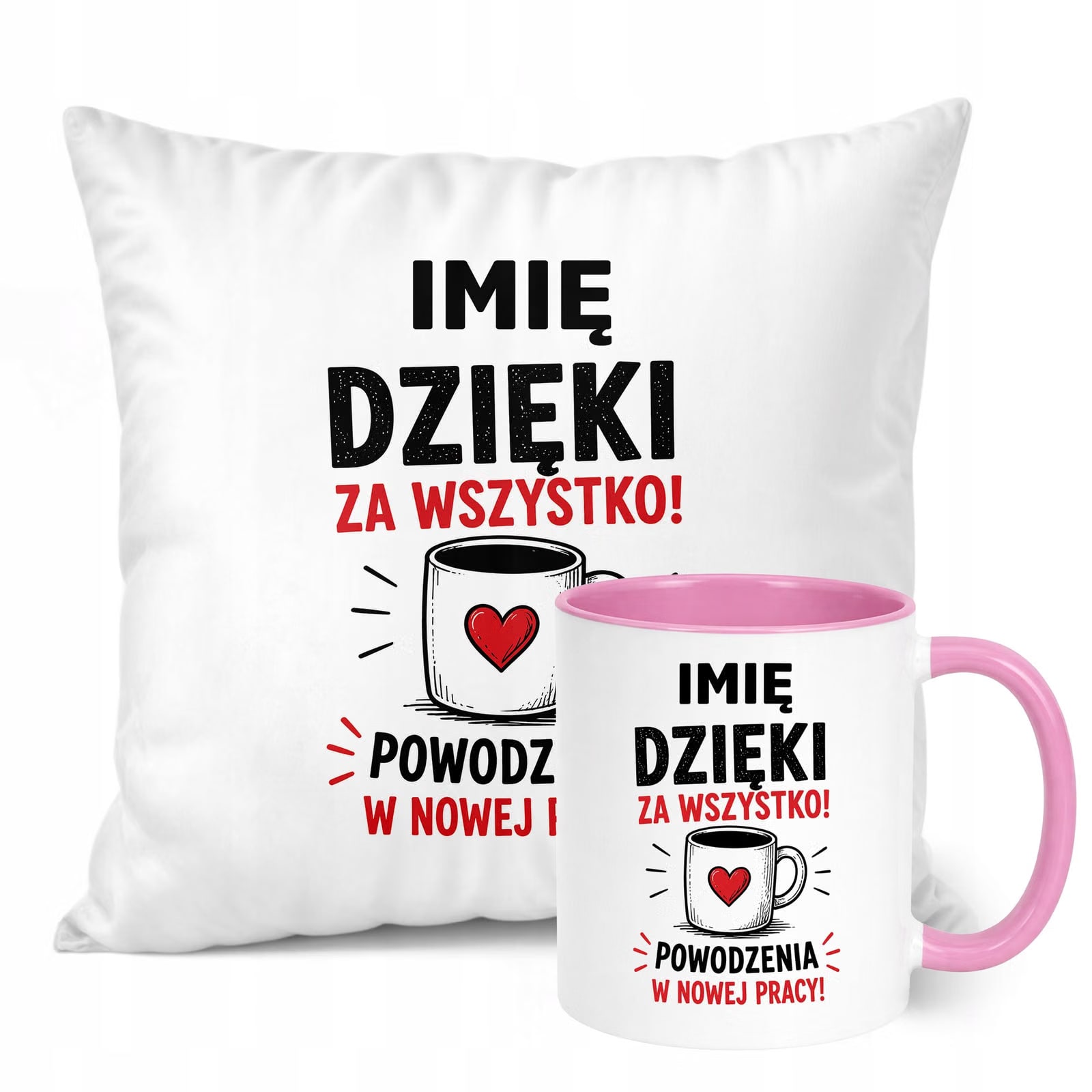 Zestaw Personalizowany Kubek Różowy Poduszka Odejście z Pracy Prezent