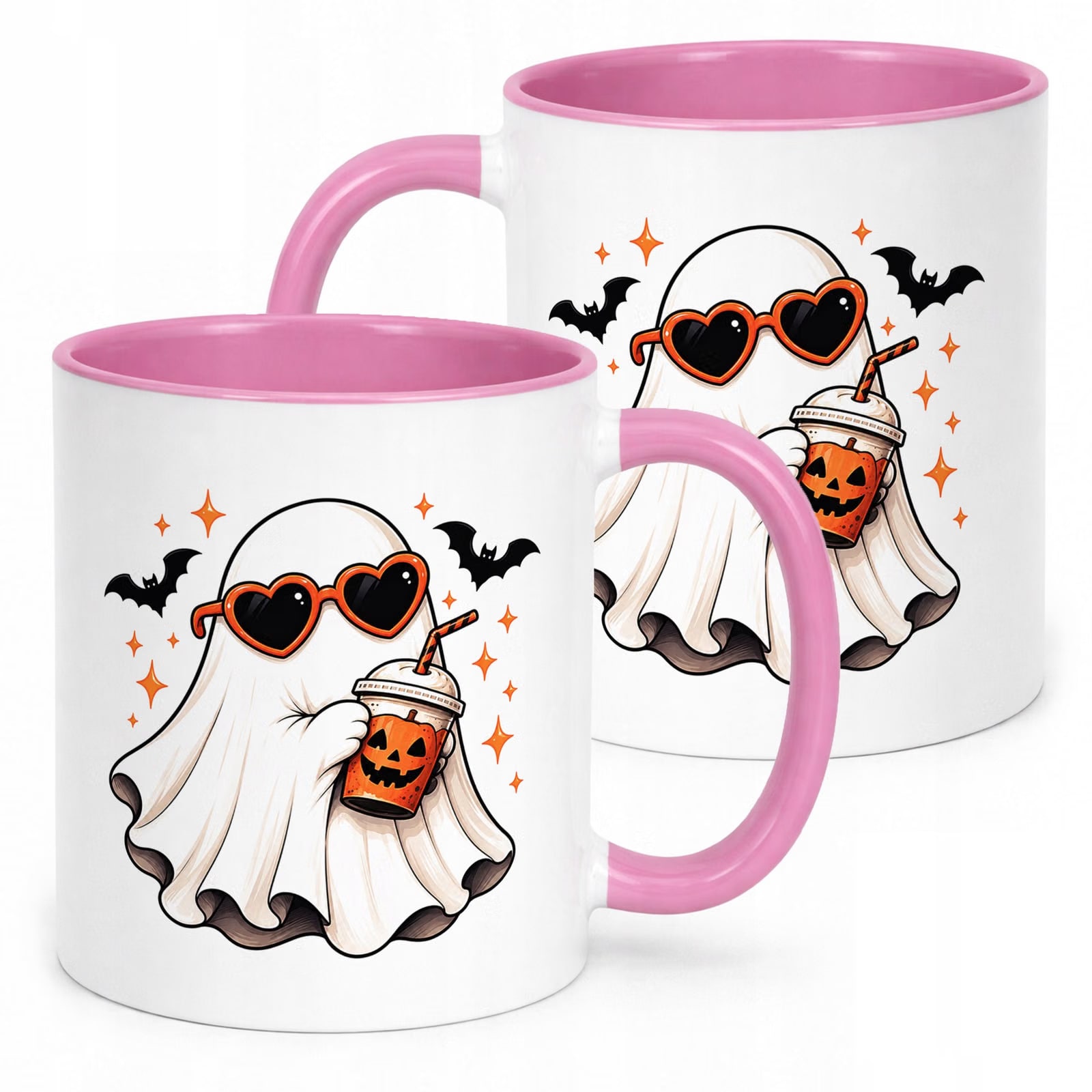 Kubek Różowy z Nadrukiem Halloween Jesień Duch Dynia Prezent Upominek