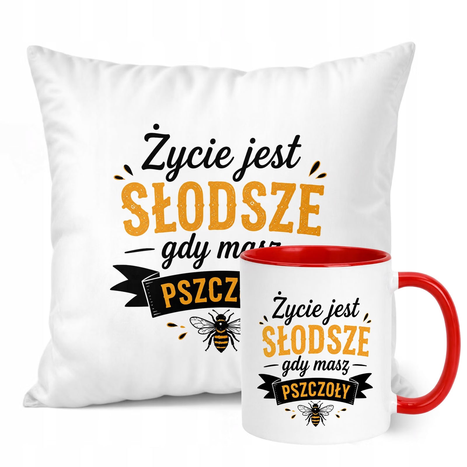 Zestaw Kubek Czerwony Poduszka Z Nadrukiem Dla Pszczelarza Prezent
