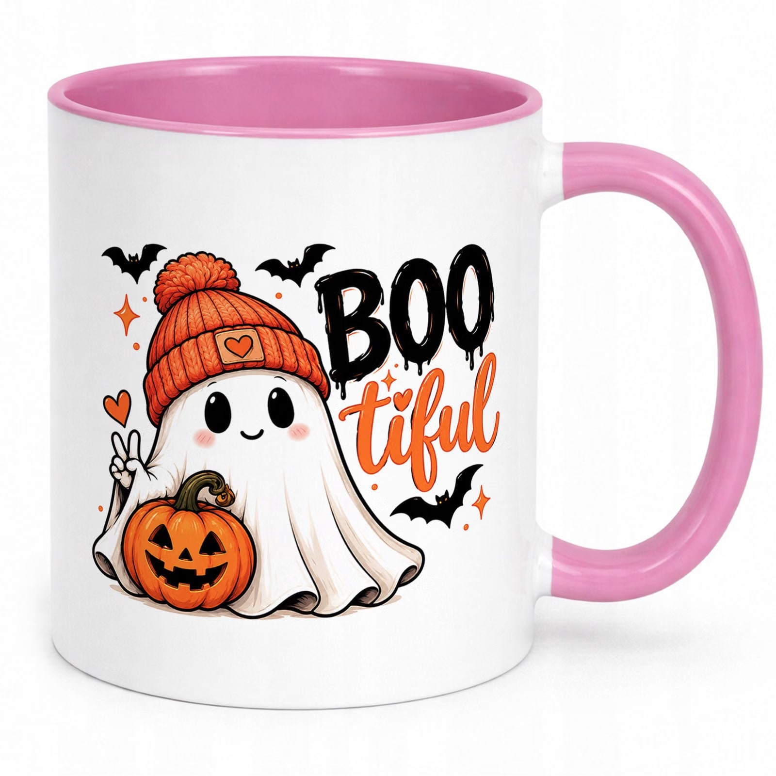Kubek Różowy z Nadrukiem Halloween Jesień Duch Dynia Prezent Upominek