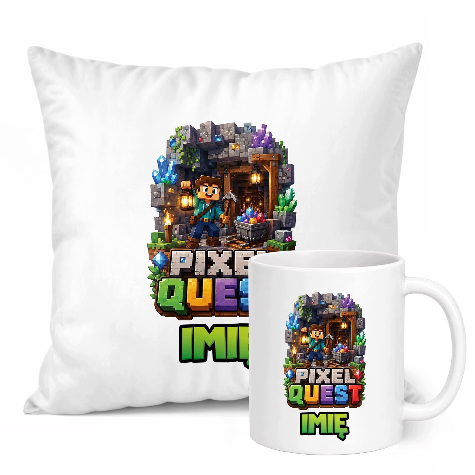 Zestaw Personalizowany Kubek Biały Poduszka gra Pixel Quest Prezent