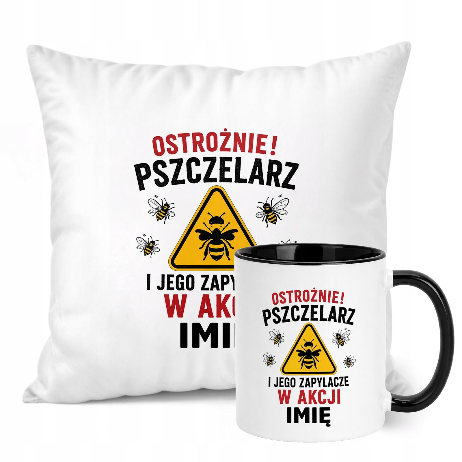 Zestaw Personalizowany Kubek Czarny Poduszka Z Nadrukiem Dla Pszczelarza