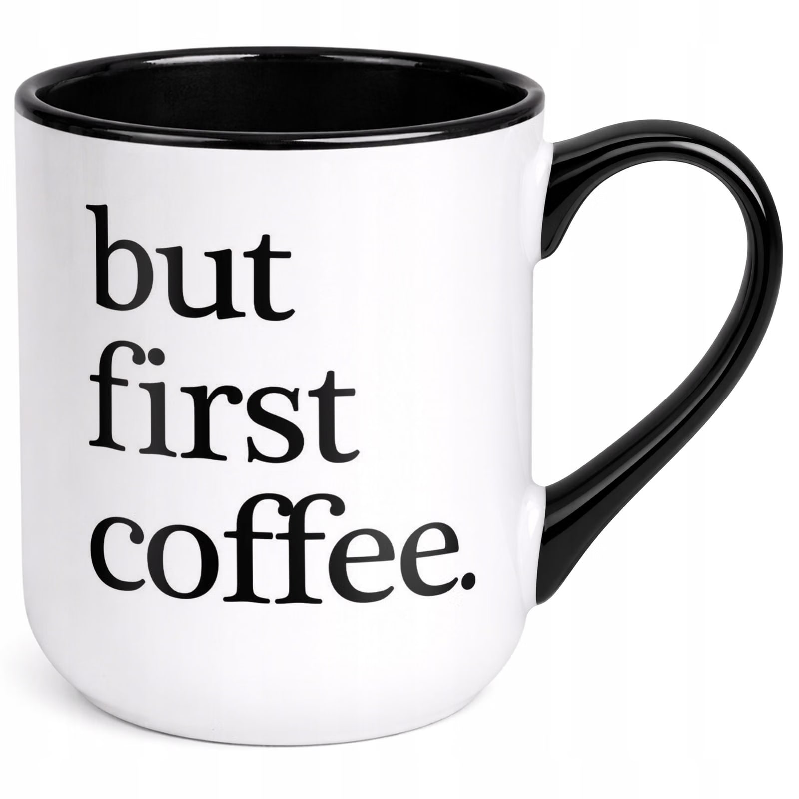 Kubek z nadrukiem Premium Czarny But First Coffee Dla Fana Kawy Prezent
