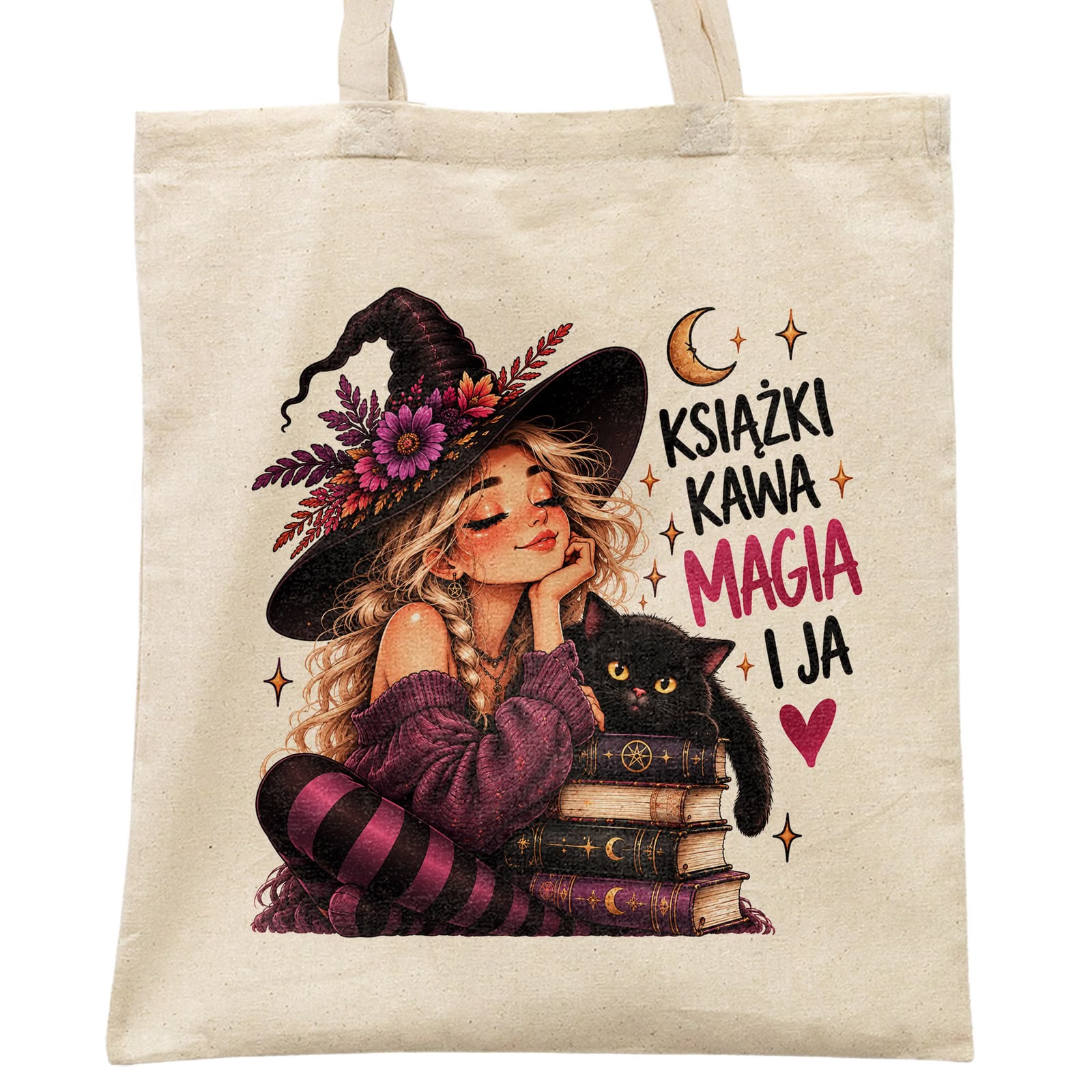 Torba shopper bawełniana dla kobiet wiedźma na zakupy z nadrukiem