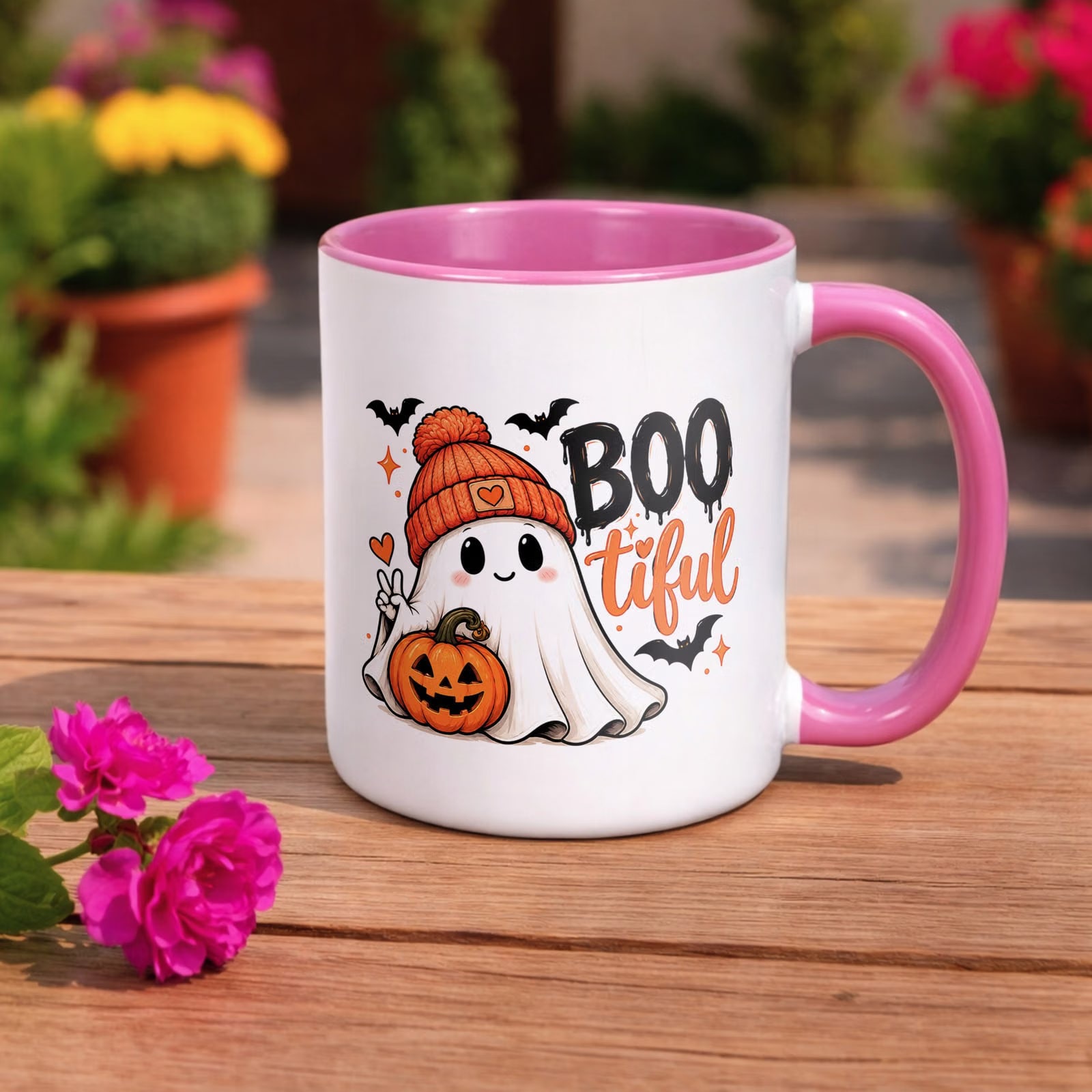 Kubek Różowy z Nadrukiem Halloween Jesień Duch Dynia Prezent Upominek