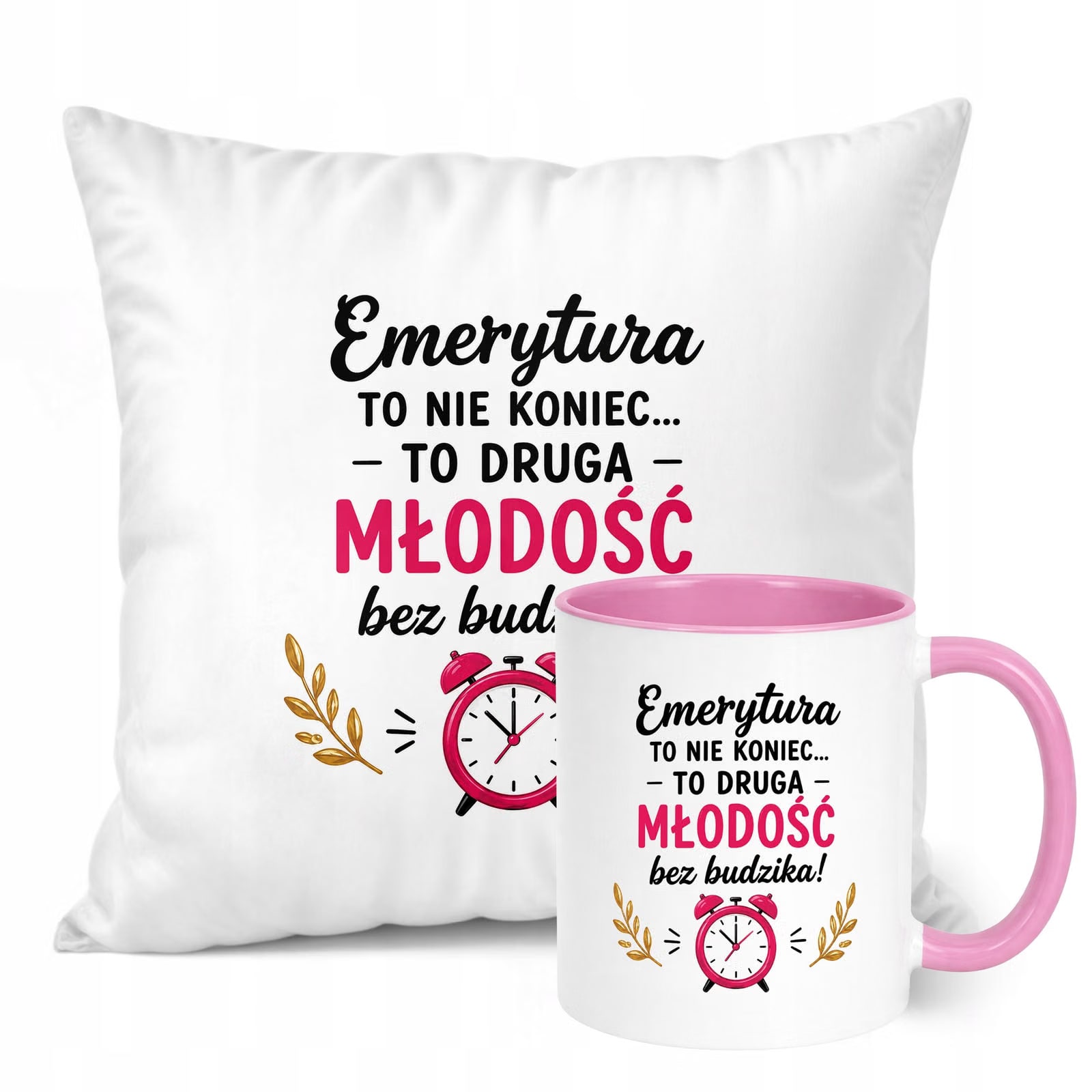 Zestaw Kubek Różowy Poduszka Z Nadrukiem Emerytura Dla Emerytki Prezent