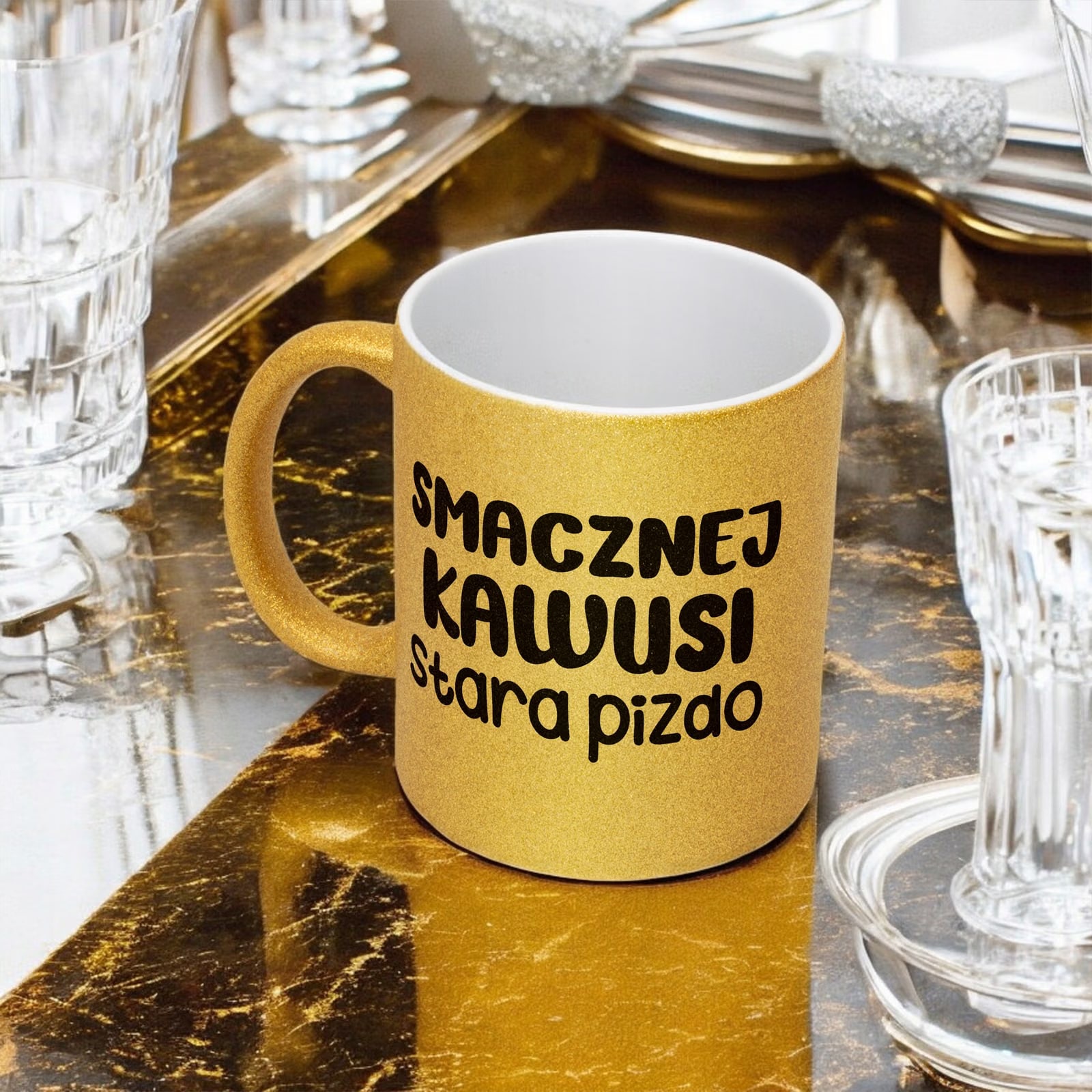 Złoty Kubek Brokatowy Smacznej Kawusi Stara Piz*o Zabawny Prezent