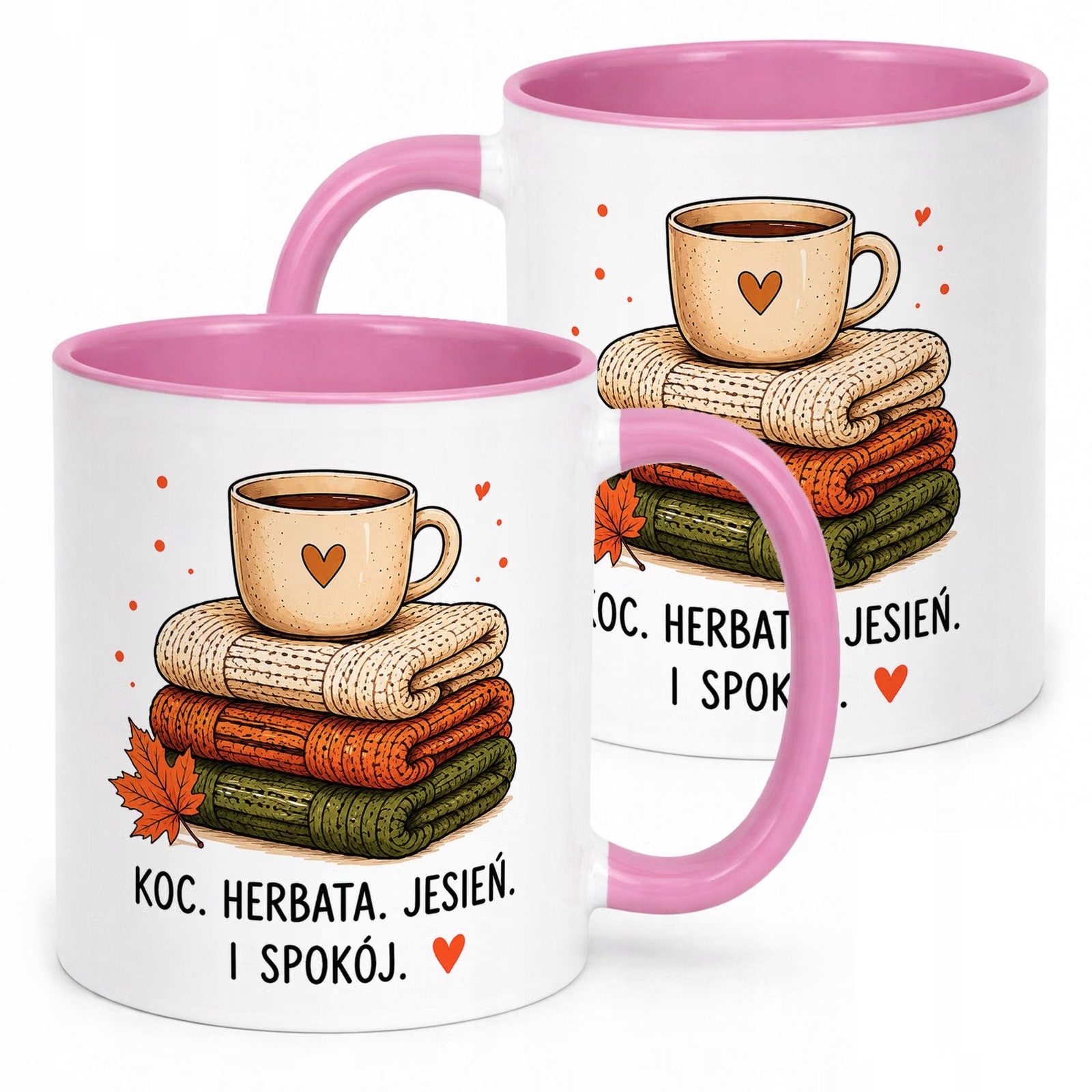 Różowy Kubek z nadrukiem Jesienny Jesień Koc herbata i spokój Prezent