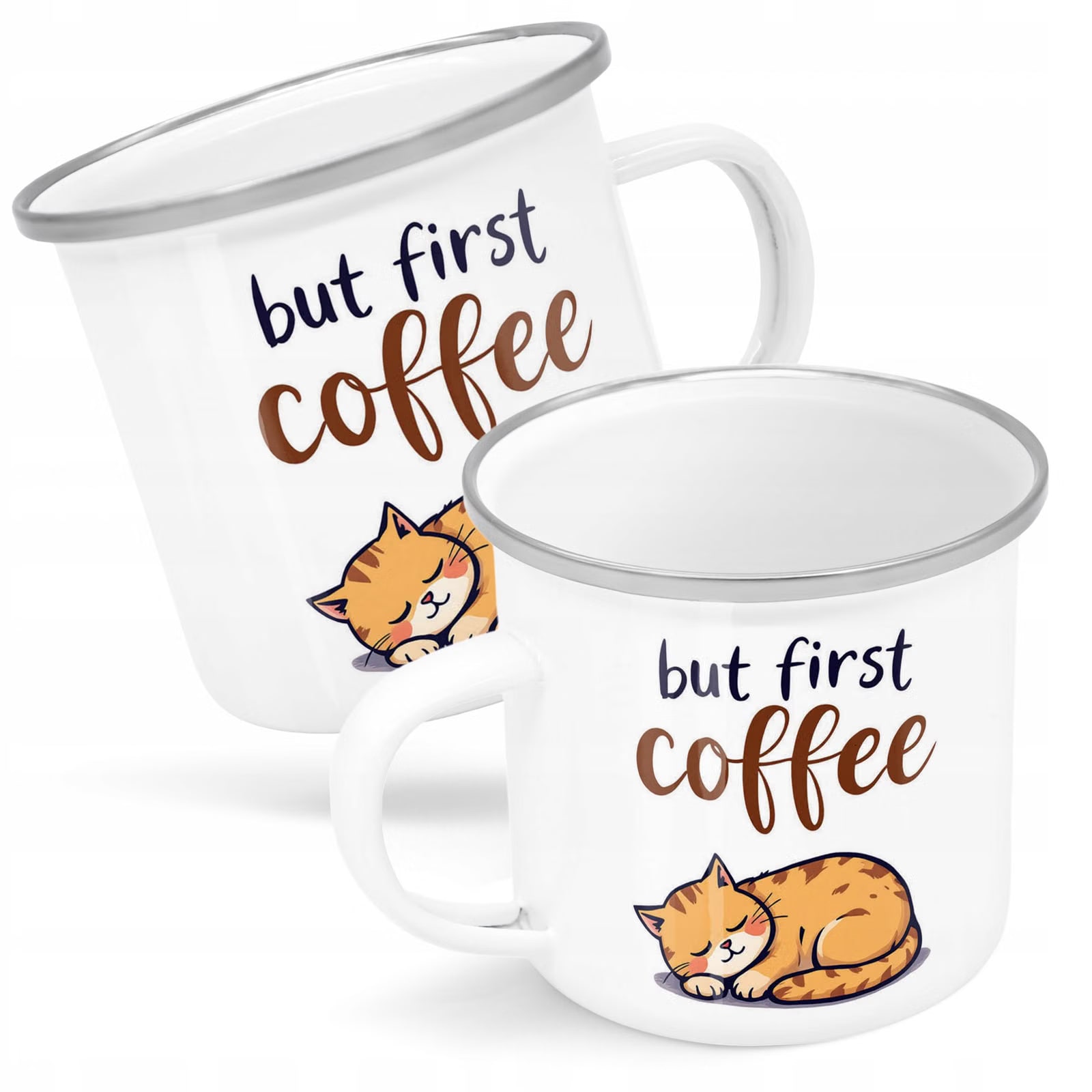 Kubek Emaliowany But First Coffee Kawa Kot Dla z Nadrukiem Biały Metalowy