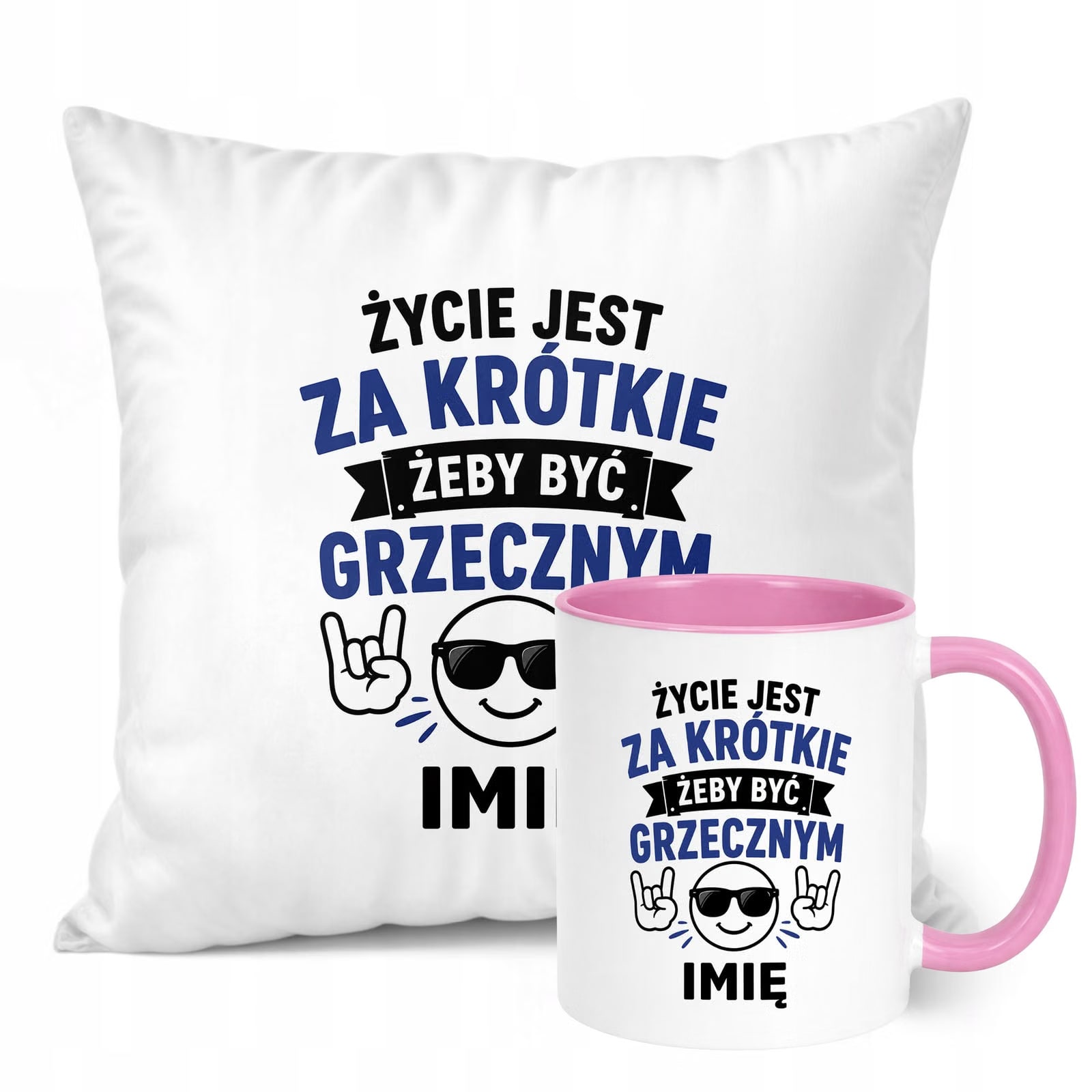 Zestaw Personalizowany Kubek Różowy Poduszka Dzień Chłopaka Z Nadrukiem