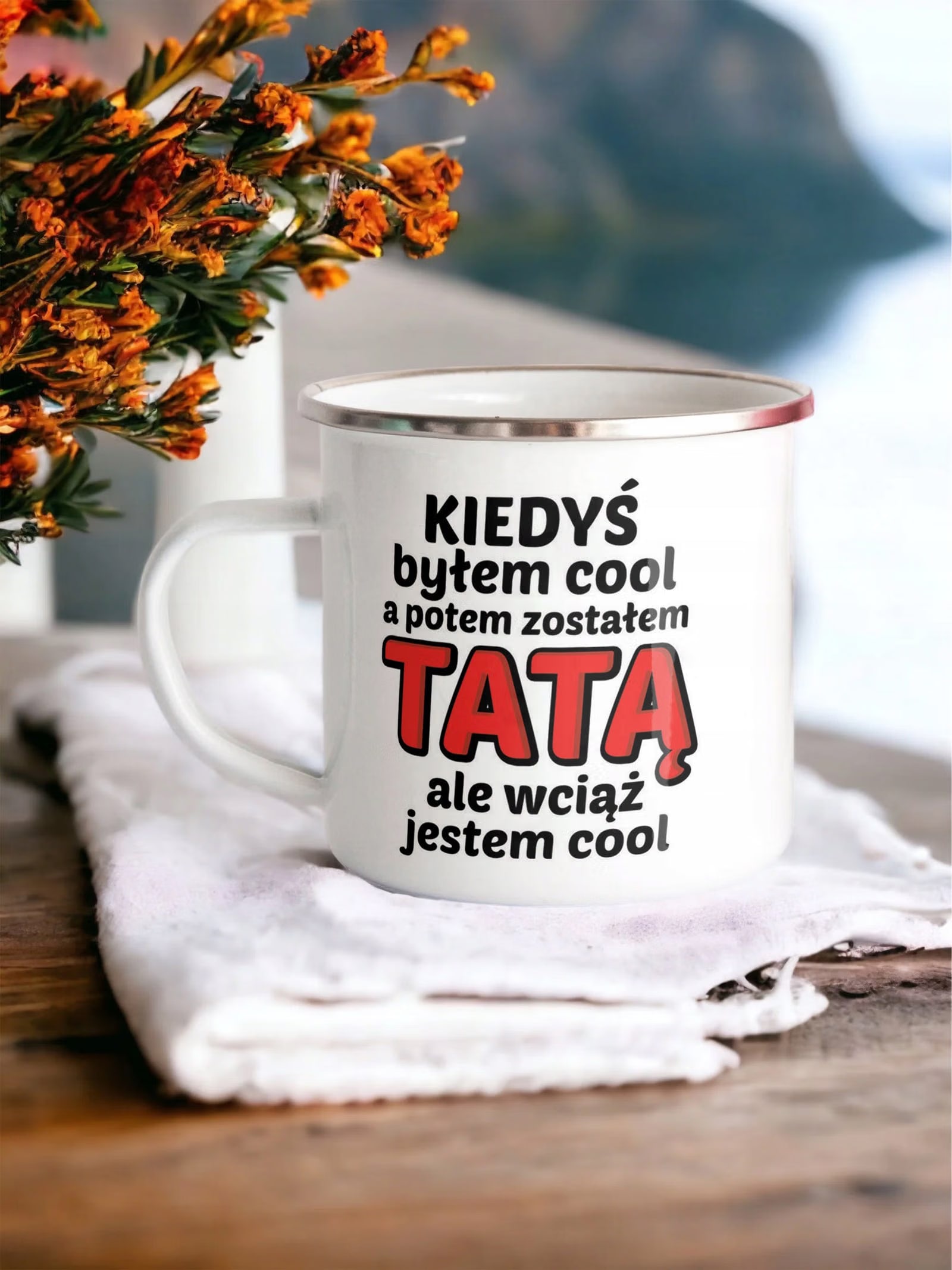 Kubek Emaliowany Dzień Ojca Dla Taty Kiedyś z Nadrukiem Biały Metalowy
