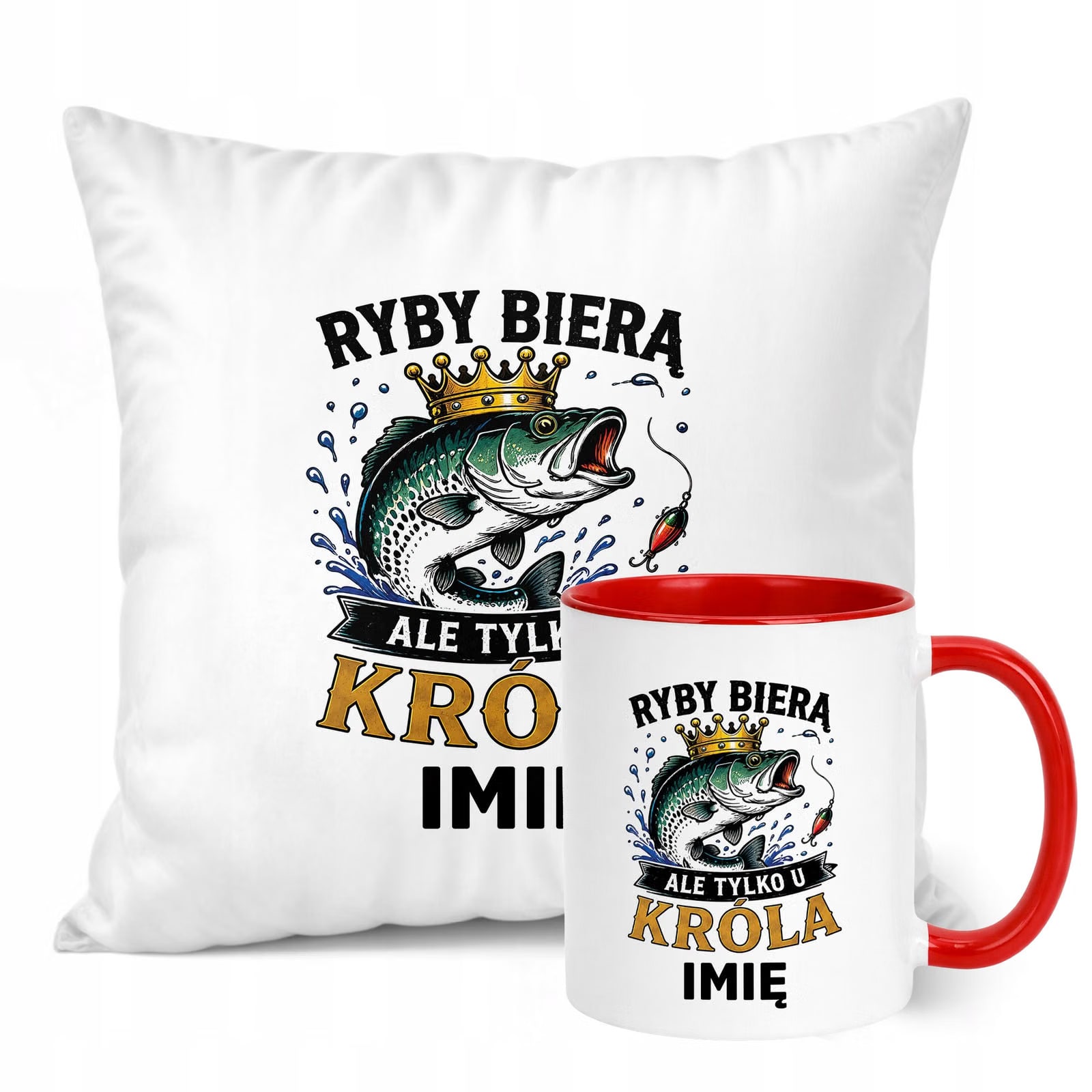 Zestaw Personalizowany Kubek Czerwony Poduszka Z Nadrukiem Dla Wędkarza
