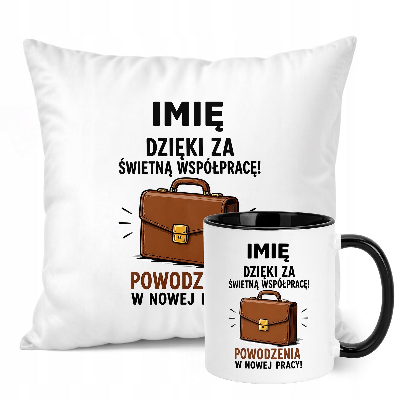 Zestaw Personalizowany Kubek Czarny Poduszka Odejście z Pracy Prezent