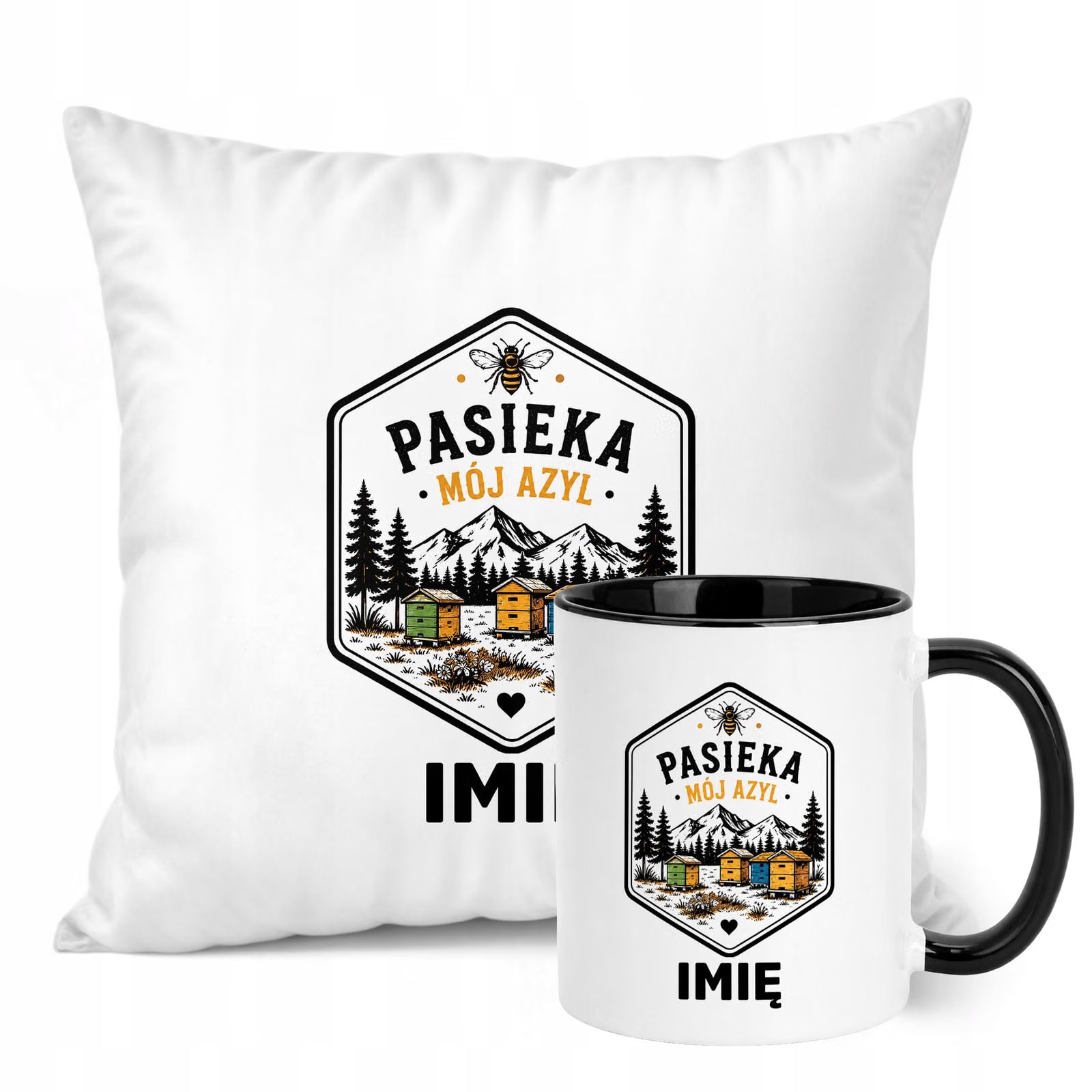 Zestaw Personalizowany Kubek Czarny Poduszka Z Nadrukiem Dla Pszczelarza
