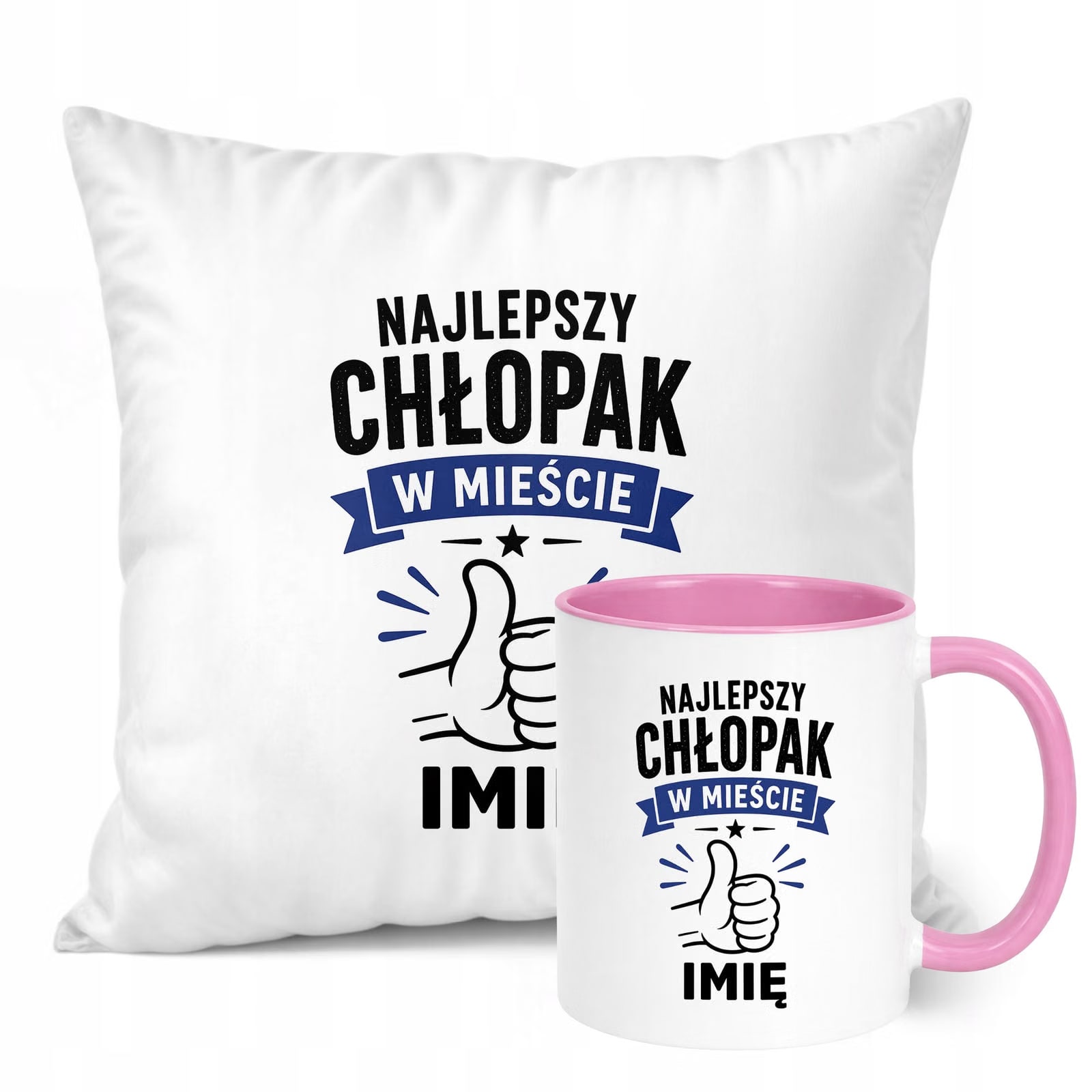 Zestaw Personalizowany Kubek Różowy Poduszka Dzień Chłopaka Z Nadrukiem