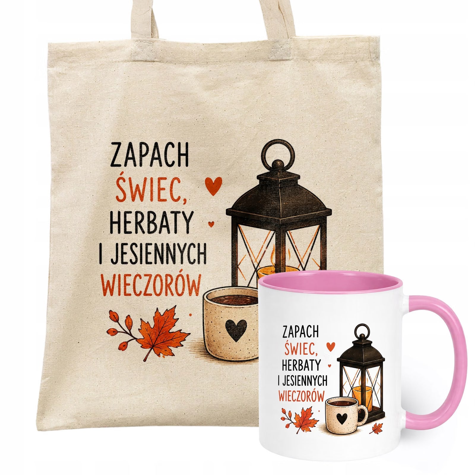 Zestaw Kubek Różowy Torba Shopper Ecru Z Nadrukiem Jesień Jesienny