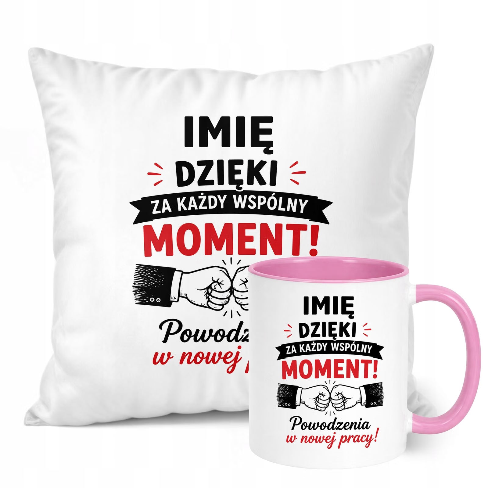 Zestaw Personalizowany Kubek Różowy Poduszka Odejście z Pracy Prezent