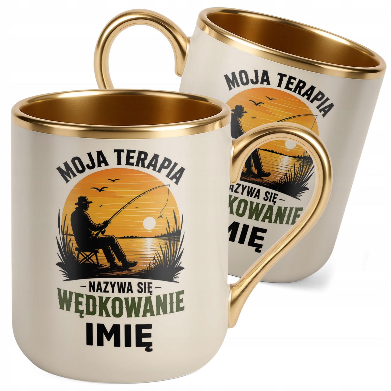 Kubek Personalizowany z nadrukiem Premium Złoty Ecru Dla Wędkarza Prezent