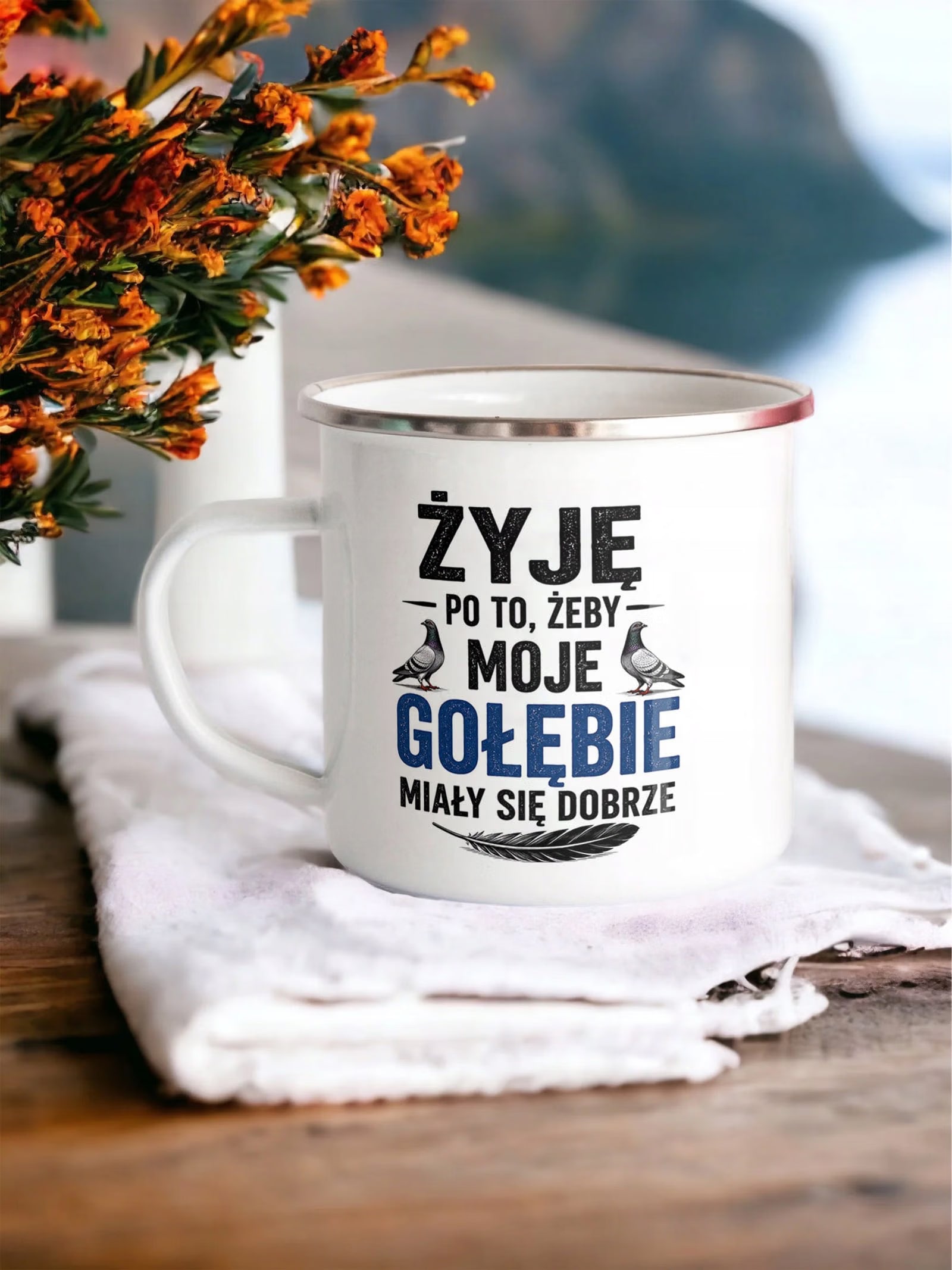 Kubek Emaliowany Dla Hodowcy Gołębi z Nadrukiem Biały Metalowy Prezent