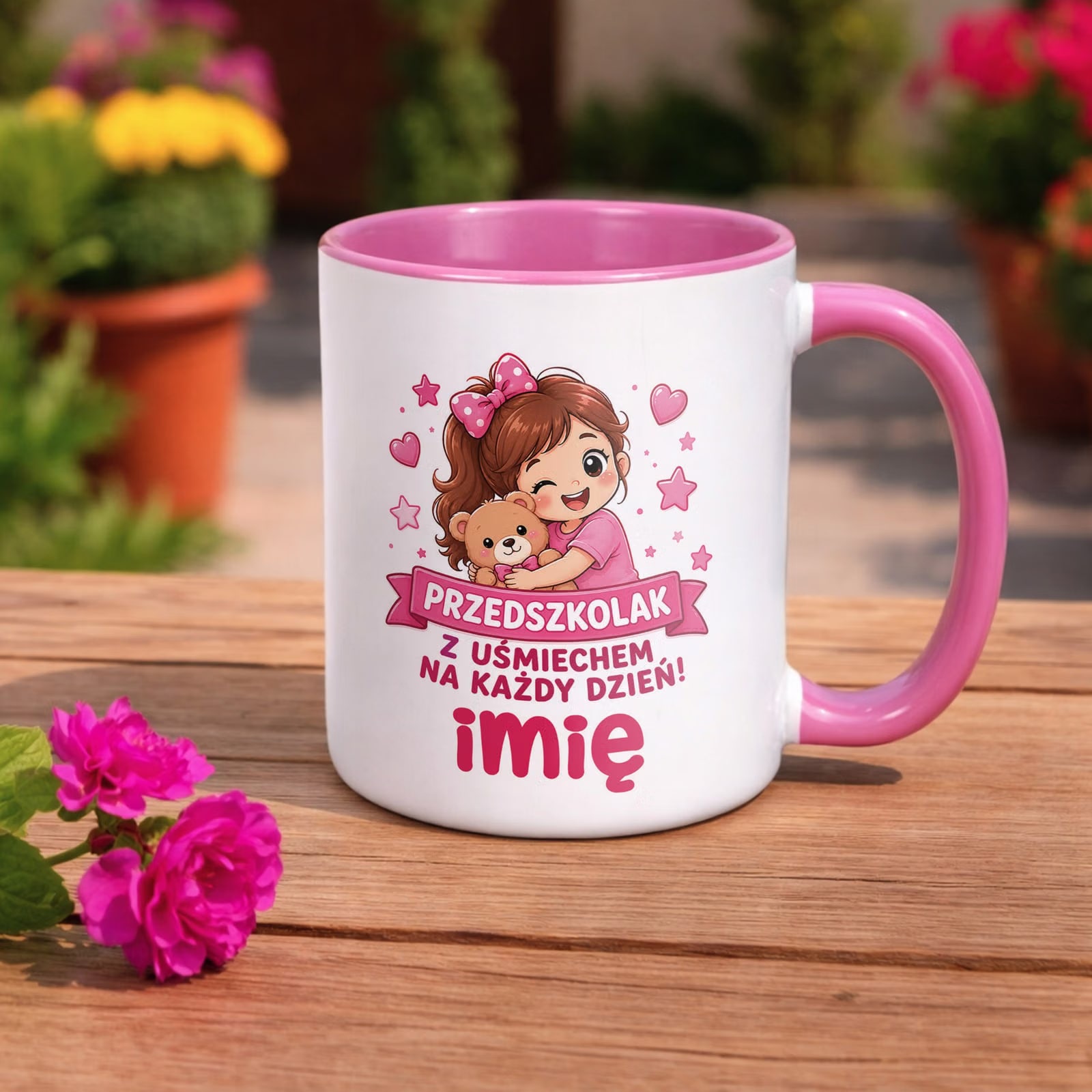 Zestaw Personalizowany Kubek Różowy Poduszka Przedszkolak Prezent