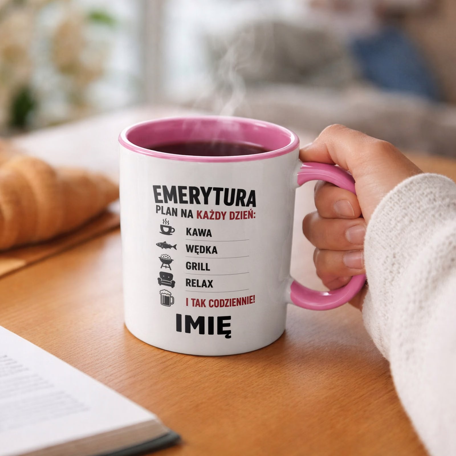 Kubek Różowy Personalizowany z Nadrukiem Emerytura Dla Emeryta Prezent