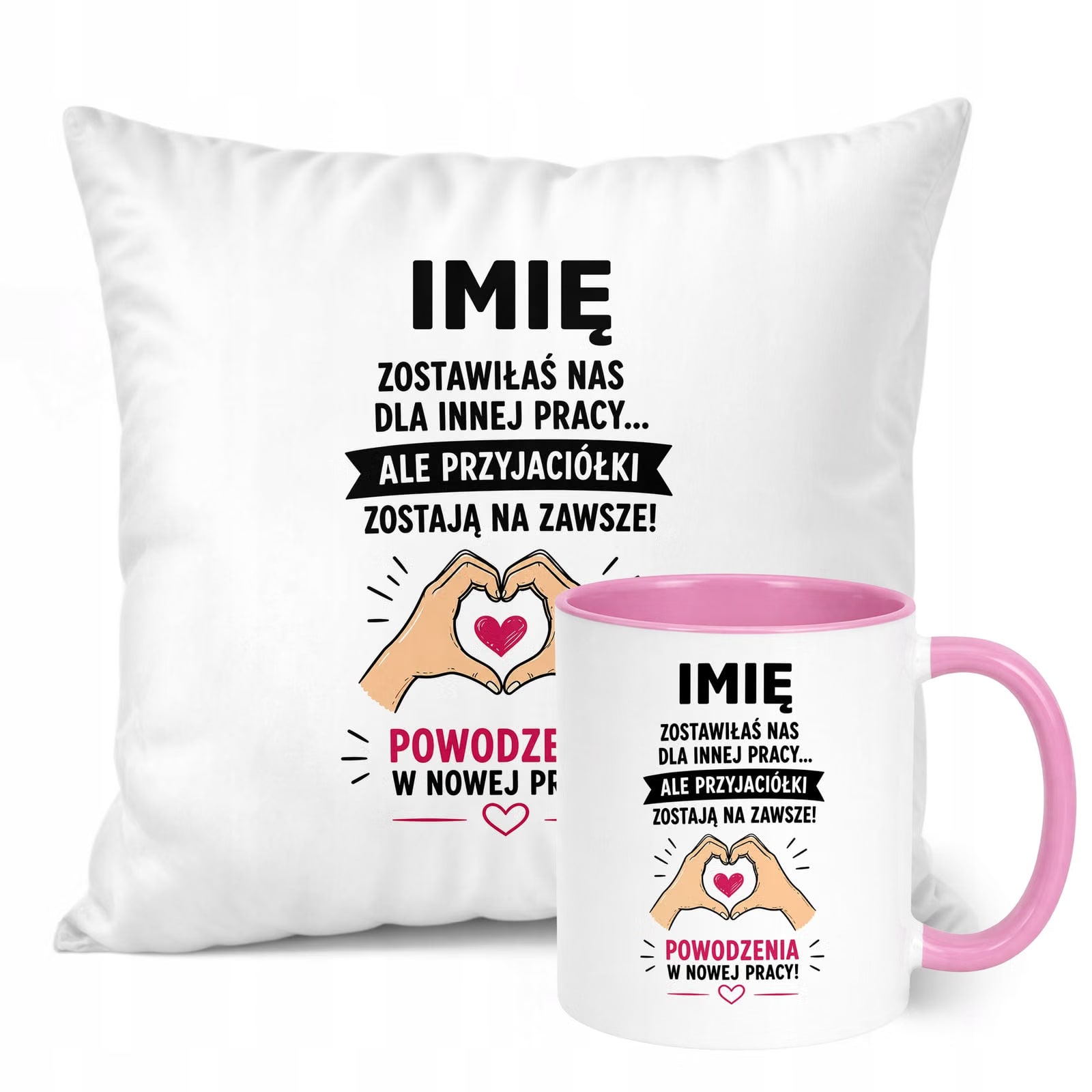 Zestaw Personalizowany Kubek Różowy Poduszka Odejście z Pracy Prezent