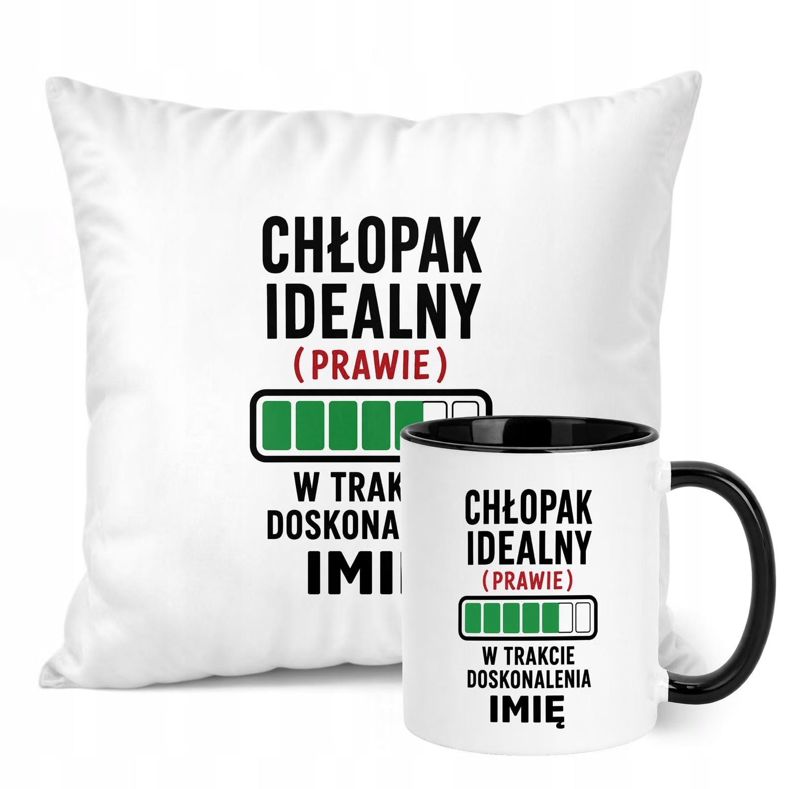 Zestaw Personalizowany Kubek Czarny Poduszka Dzień Chłopaka Z Nadrukiem