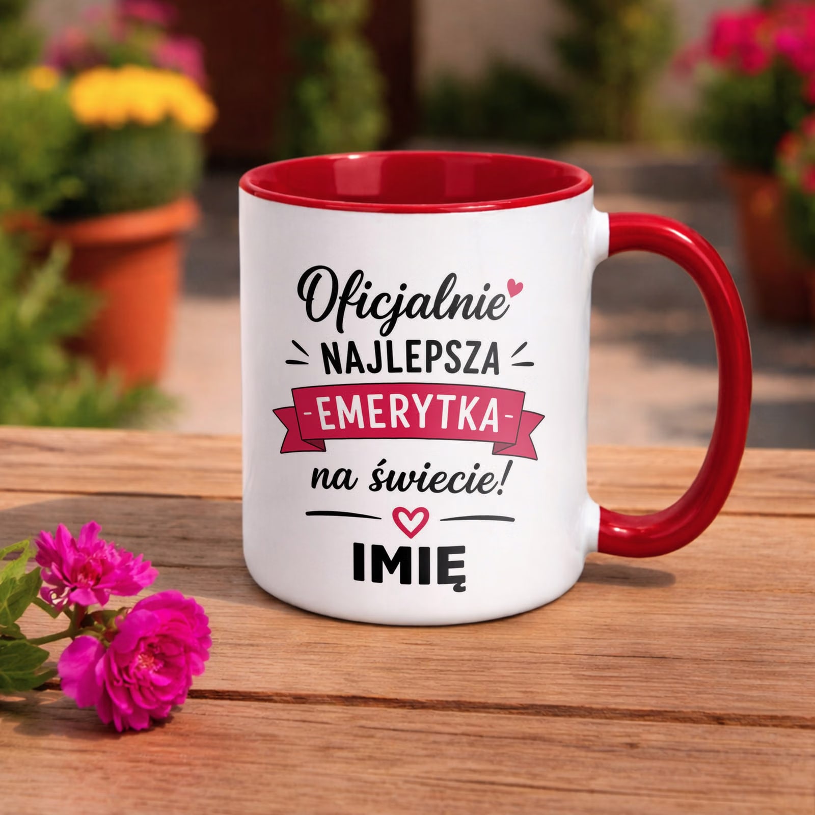 Kubek Czerwony Personalizowany z Nadrukiem Emerytura Dla Emerytki Prezent