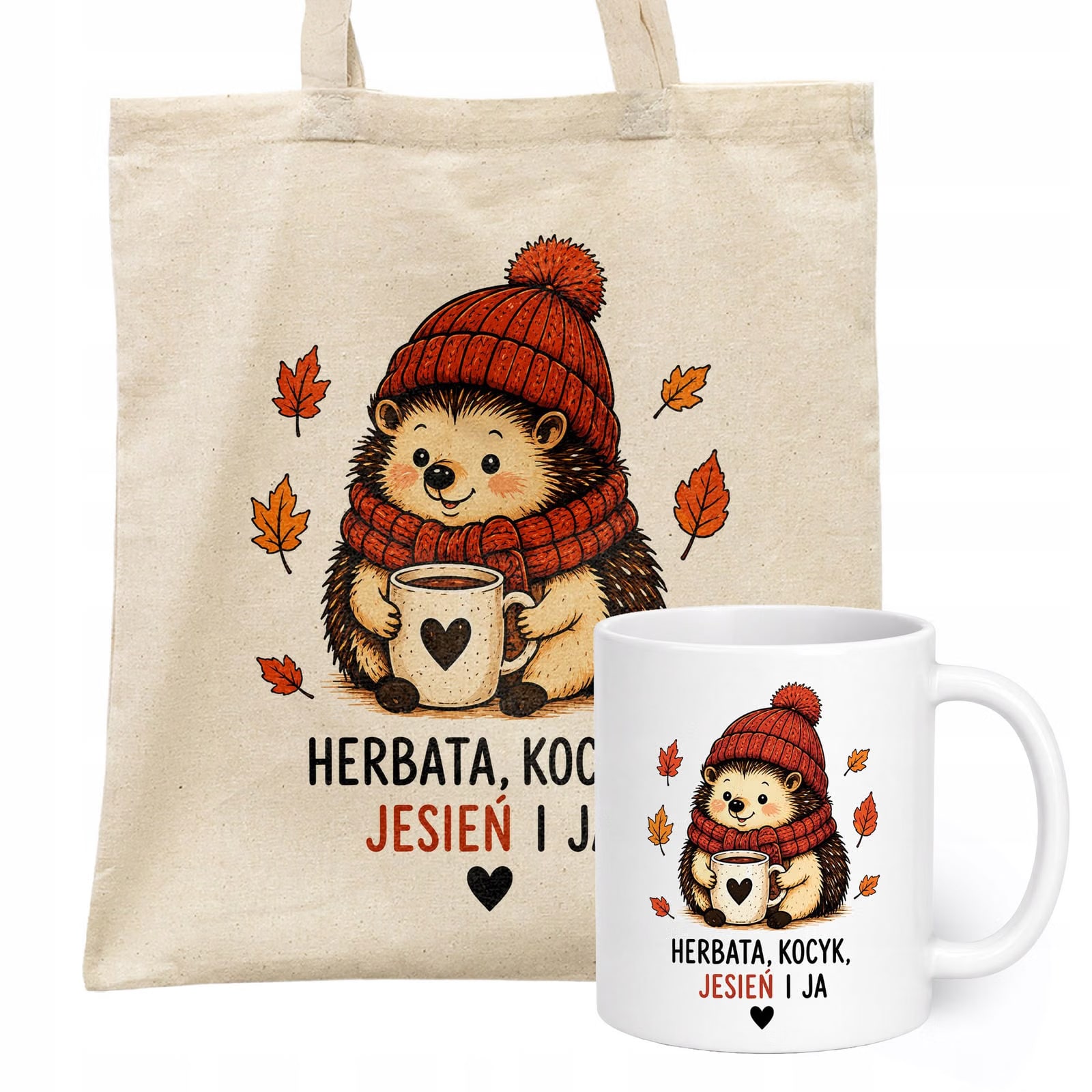 Zestaw Kubek Biały Torba Shopper Ecru Z Nadrukiem Jesień Jesienny Prezent