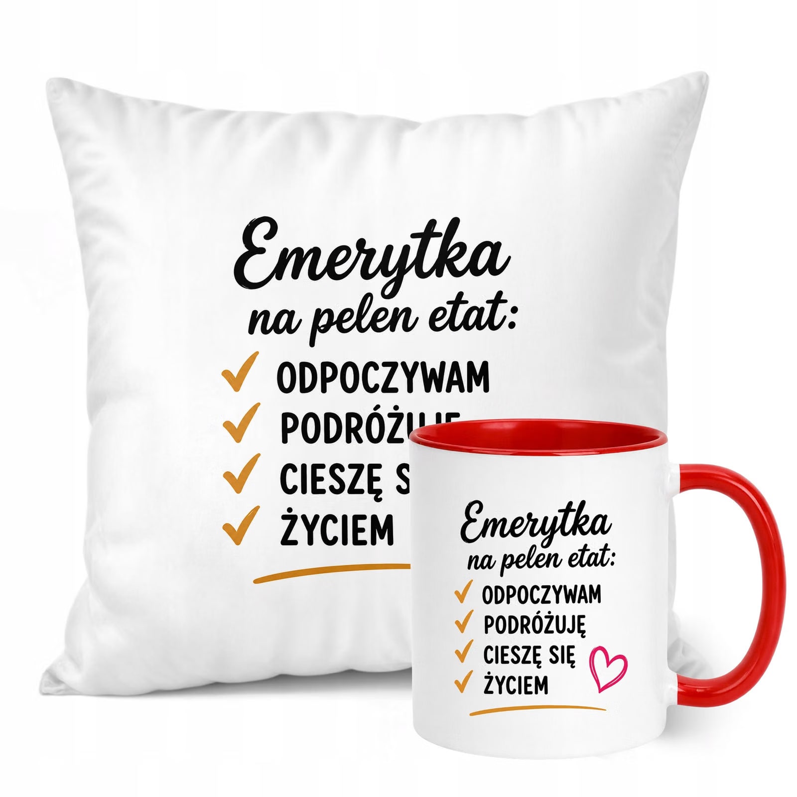 Zestaw Kubek Czerwony Poduszka Z Nadrukiem Emerytura Dla Emerytki Prezent