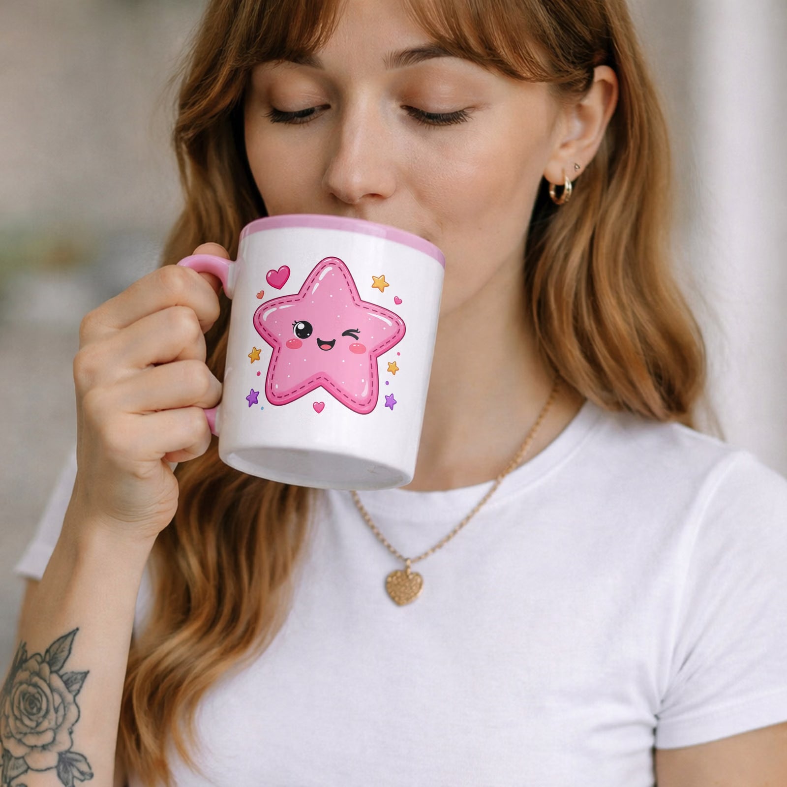 Zestaw Kubek Różowy Podkładka pod mysz z nadrukiem Kawaii Gwiazdka