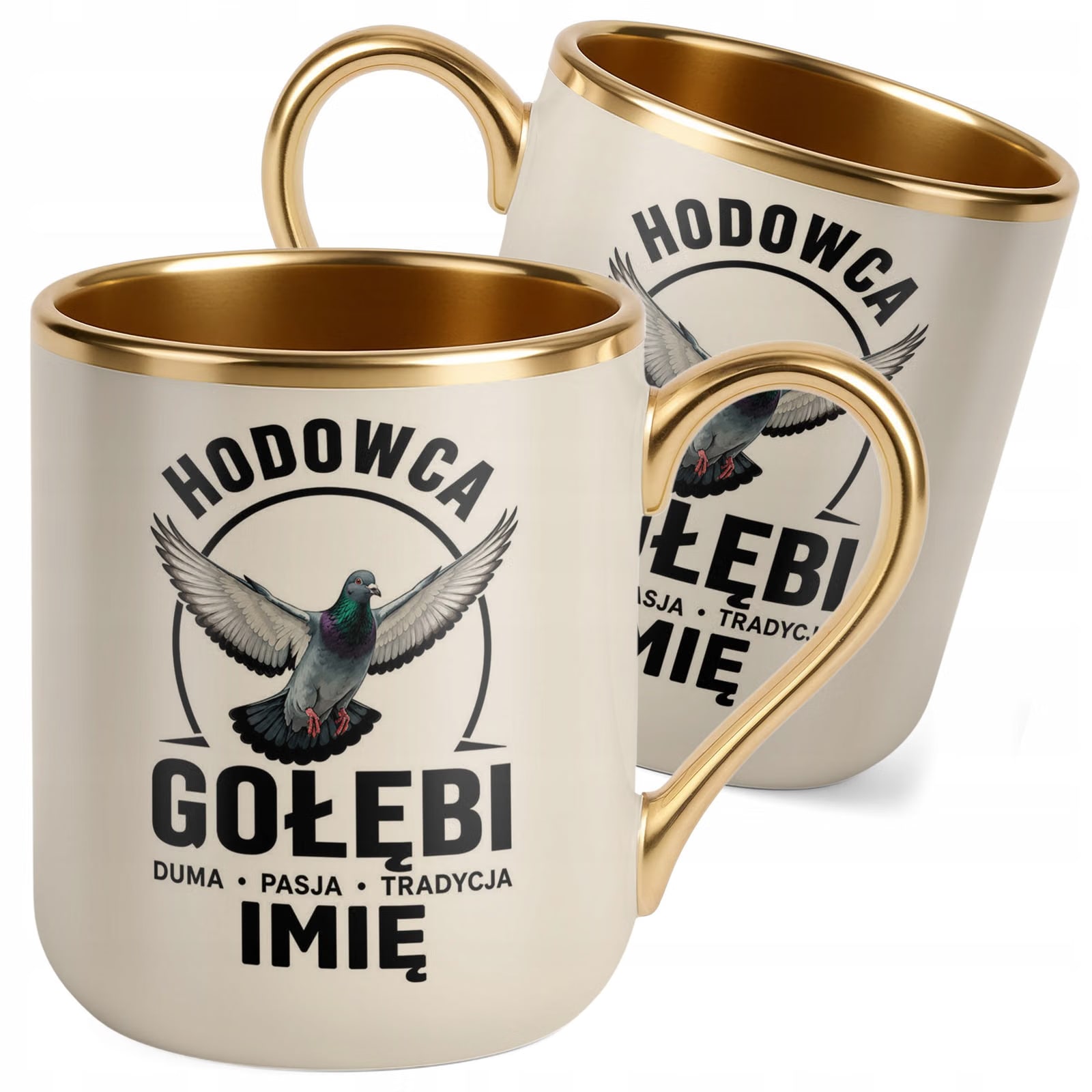 Kubek Personalizowany z nadrukiem Premium Złoty Ecru Dla Gołębiarza Prezent