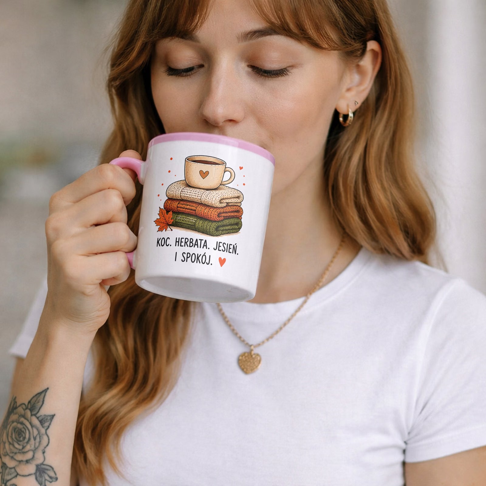 Zestaw Kubek Różowy Torba Shopper Ecru Z Nadrukiem Jesień Jesienny