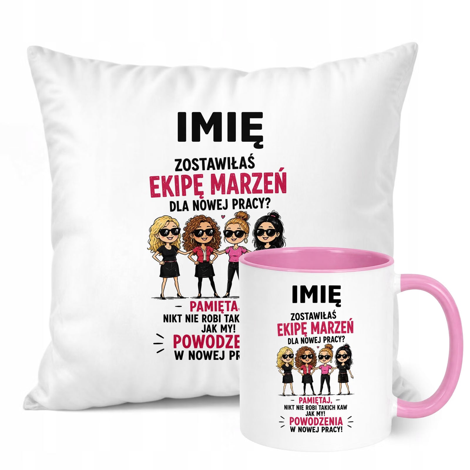 Zestaw Personalizowany Kubek Różowy Poduszka Odejście z Pracy Prezent
