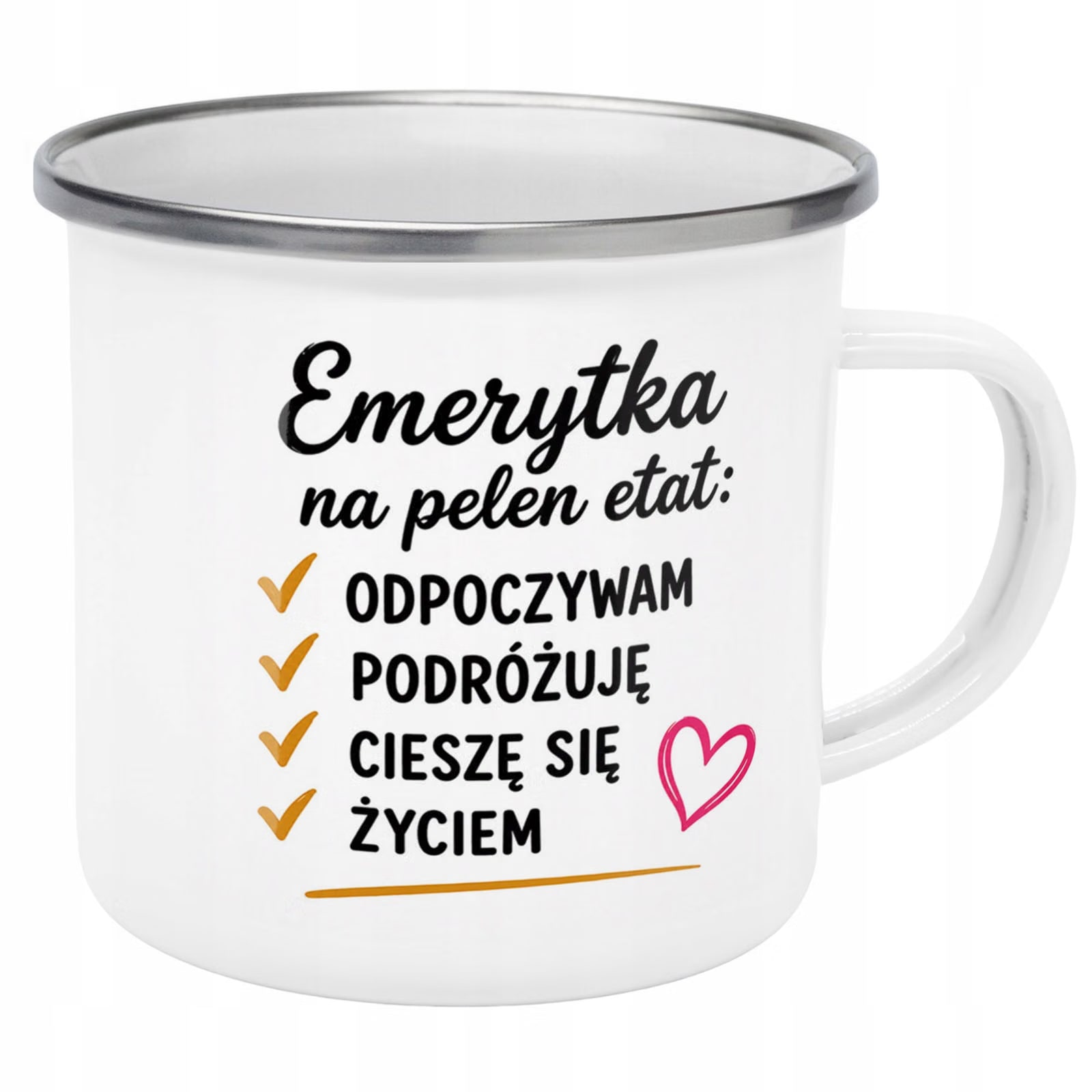 Kubek Emaliowany Emerytura Dla Emerytki z Nadrukiem Biały Metalowy Prezent