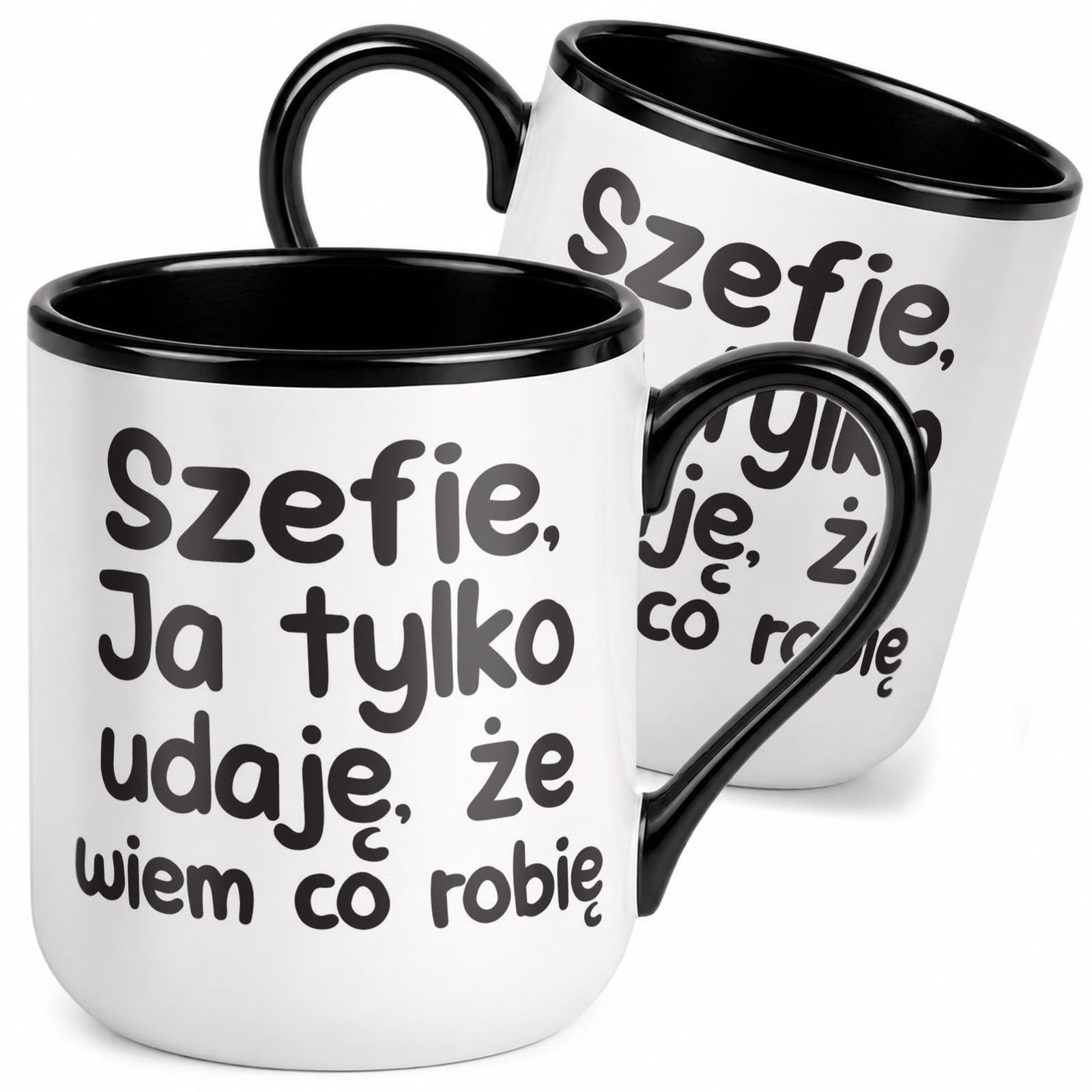 Kubek z nadrukiem Premium Czarny Szefie Ja Tylko Udaję Upominek Prezent
