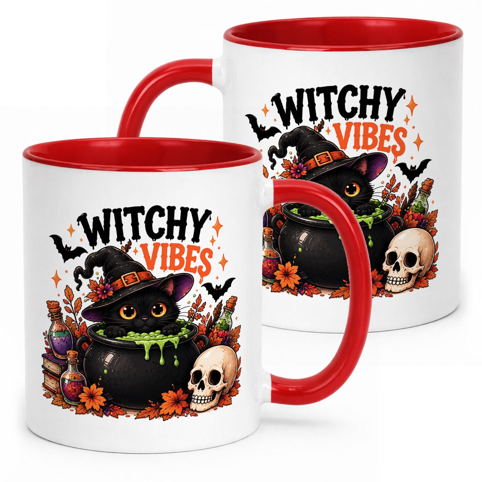 Kubek Czerwony z Nadrukiem Halloween Jesień Witchy Vibes Kot Prezent
