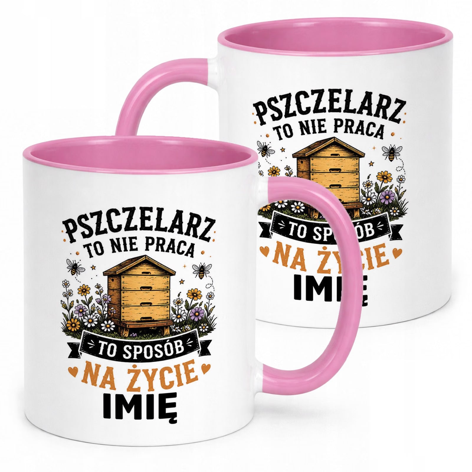 Różowy Kubek Personalizowany z nadrukiem Dla Pszczelarza Upominek Prezent