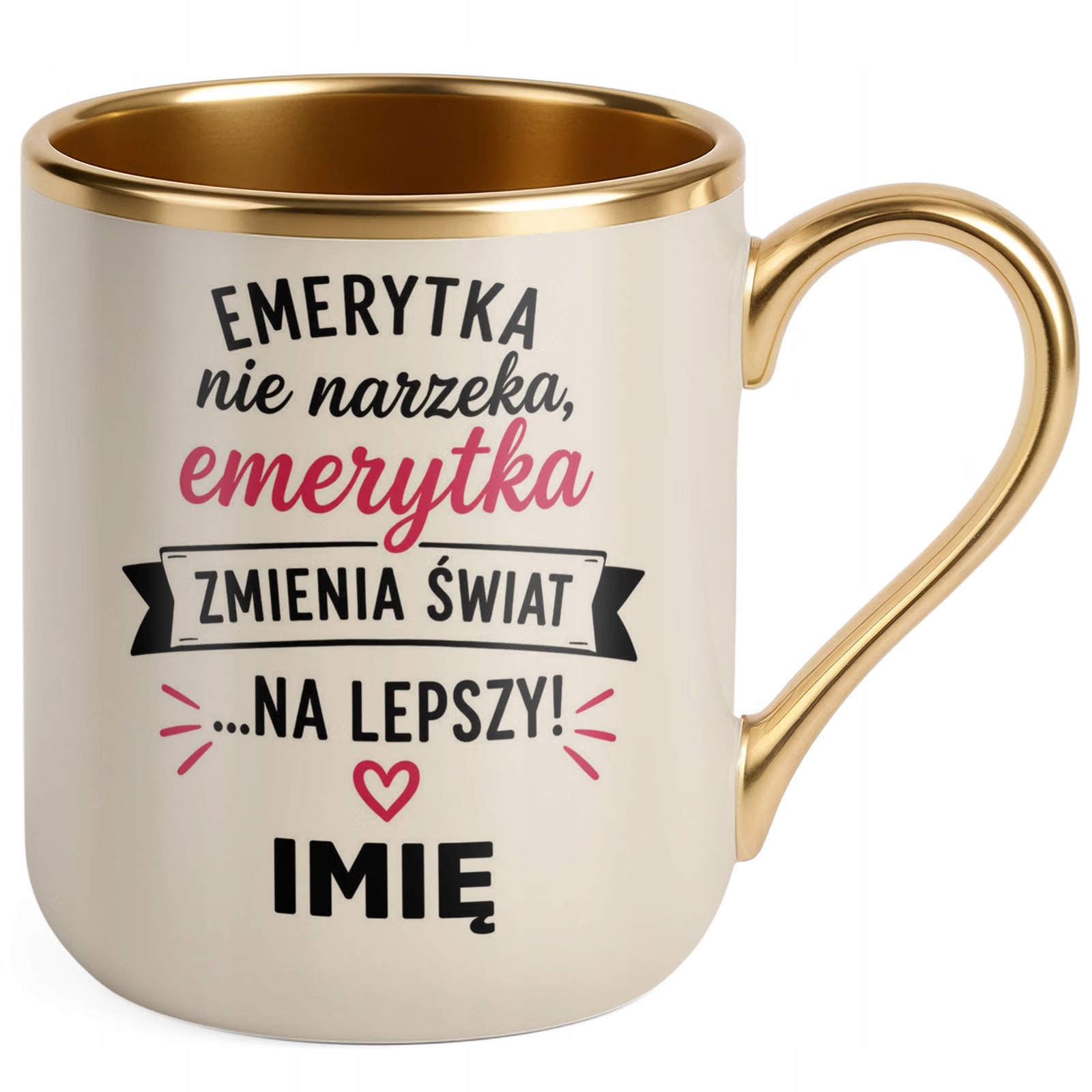 Kubek Personalizowany z nadrukiem Premium Złoty Ecru Emerytura Prezent
