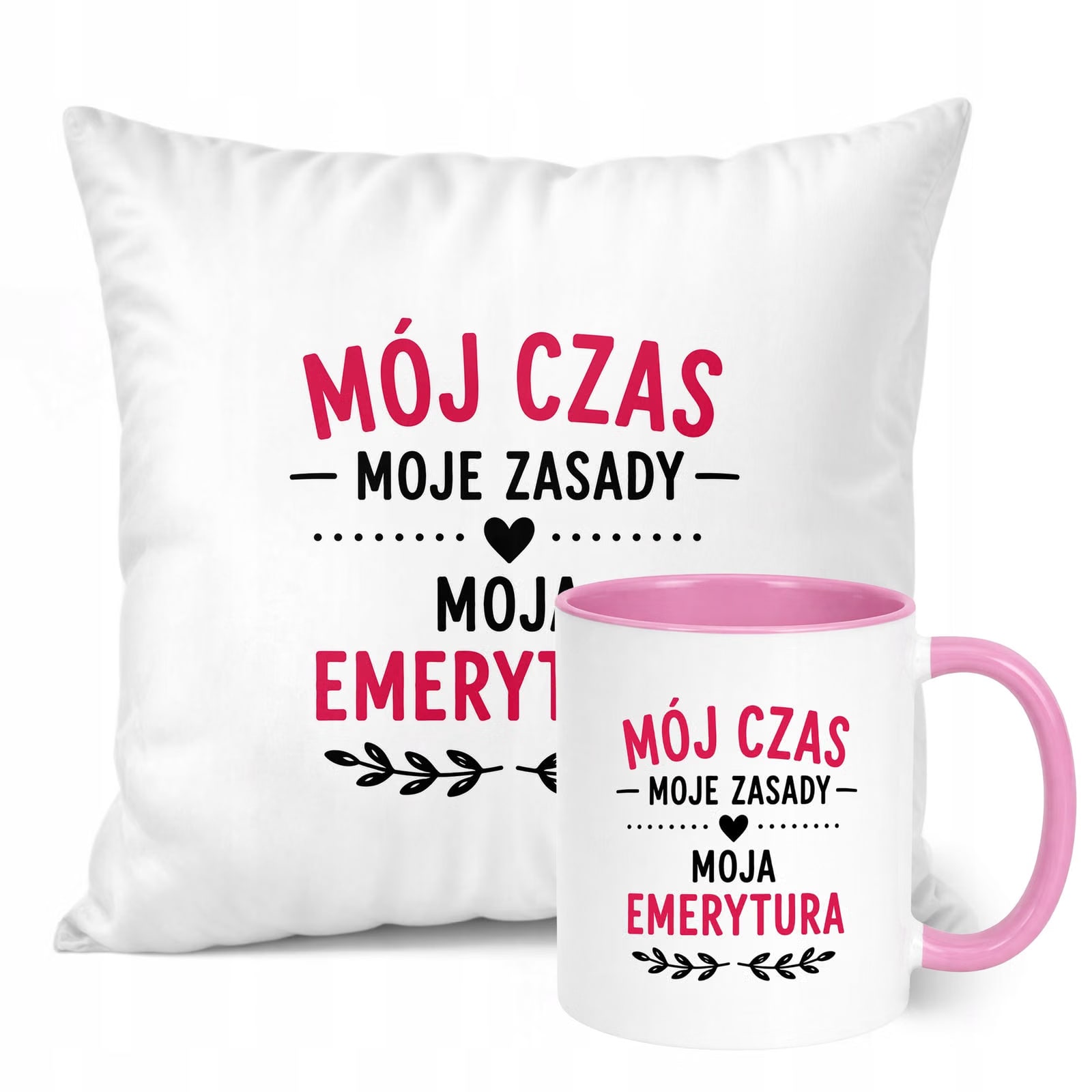Zestaw Kubek Różowy Poduszka Z Nadrukiem Emerytura Dla Emerytki Prezent