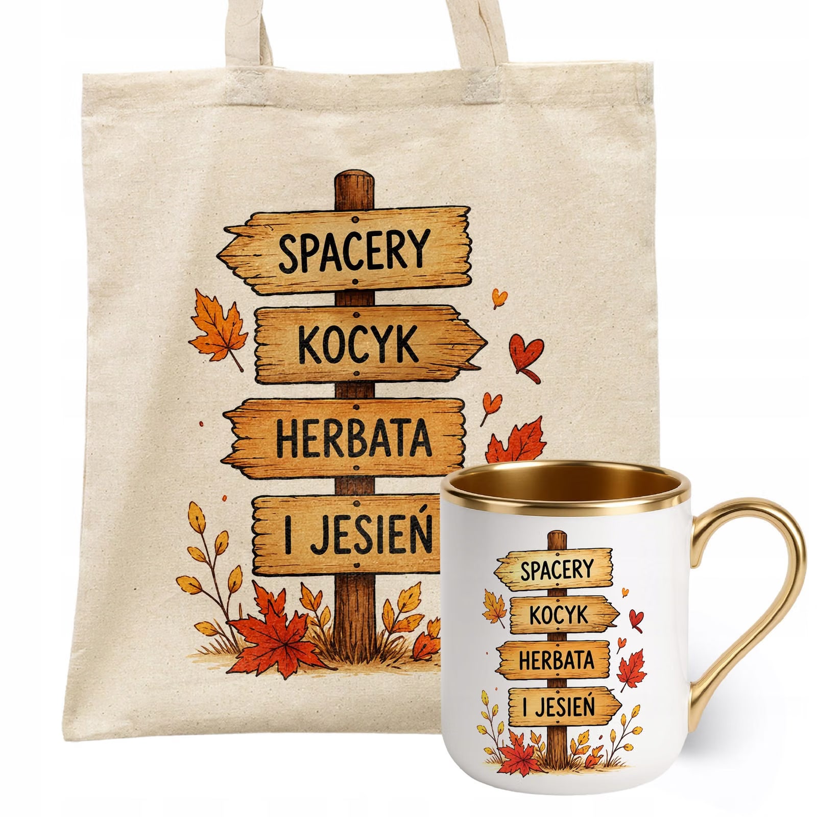 Zestaw Kubek Premium Złoty Torba Shopper Ecru Z Nadrukiem Jesień
